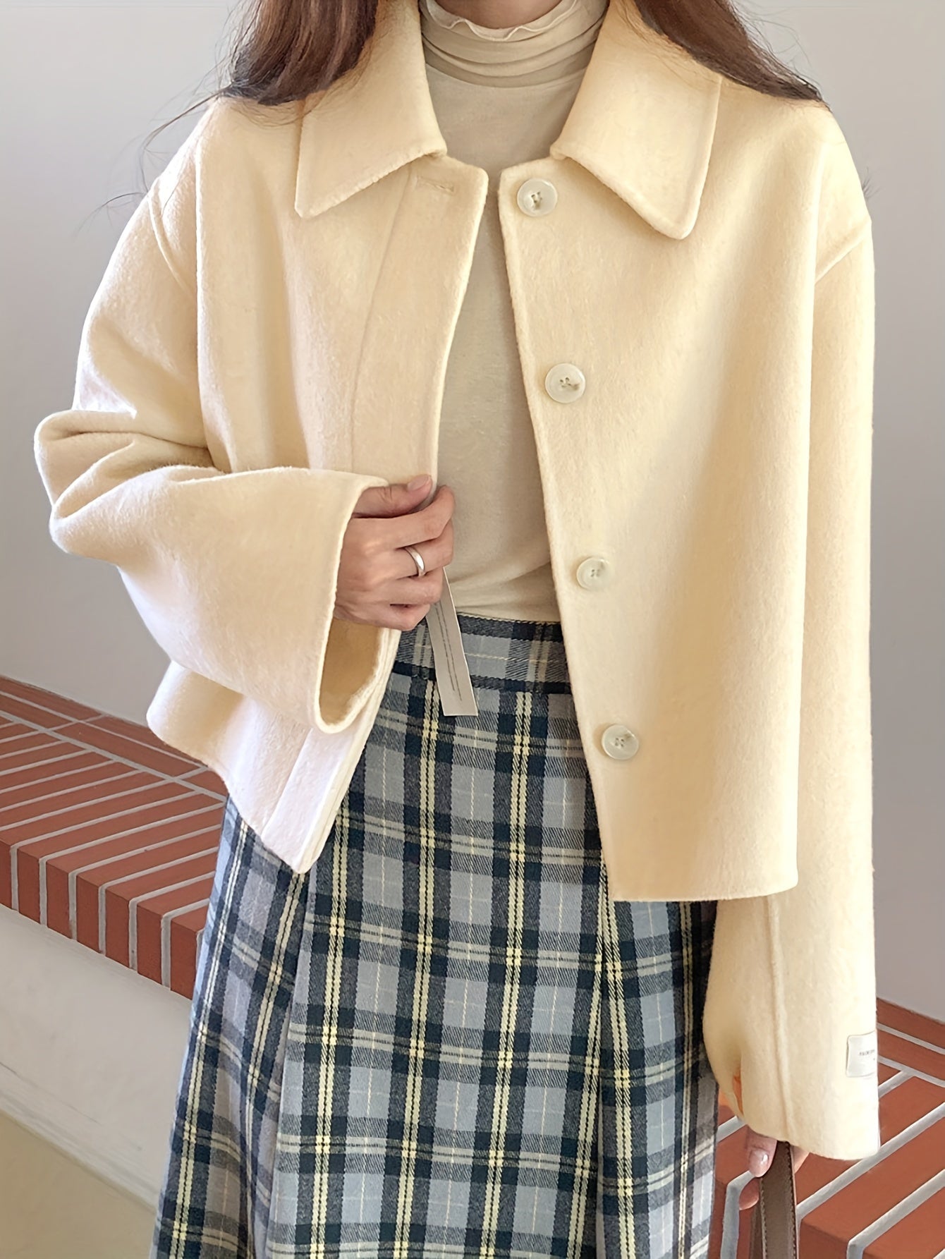 vlovelaw Button Front Lapel Neck Jacket, Casual Solid Color Long Sleeve Coat For Fall & Winter, Women's Clothing