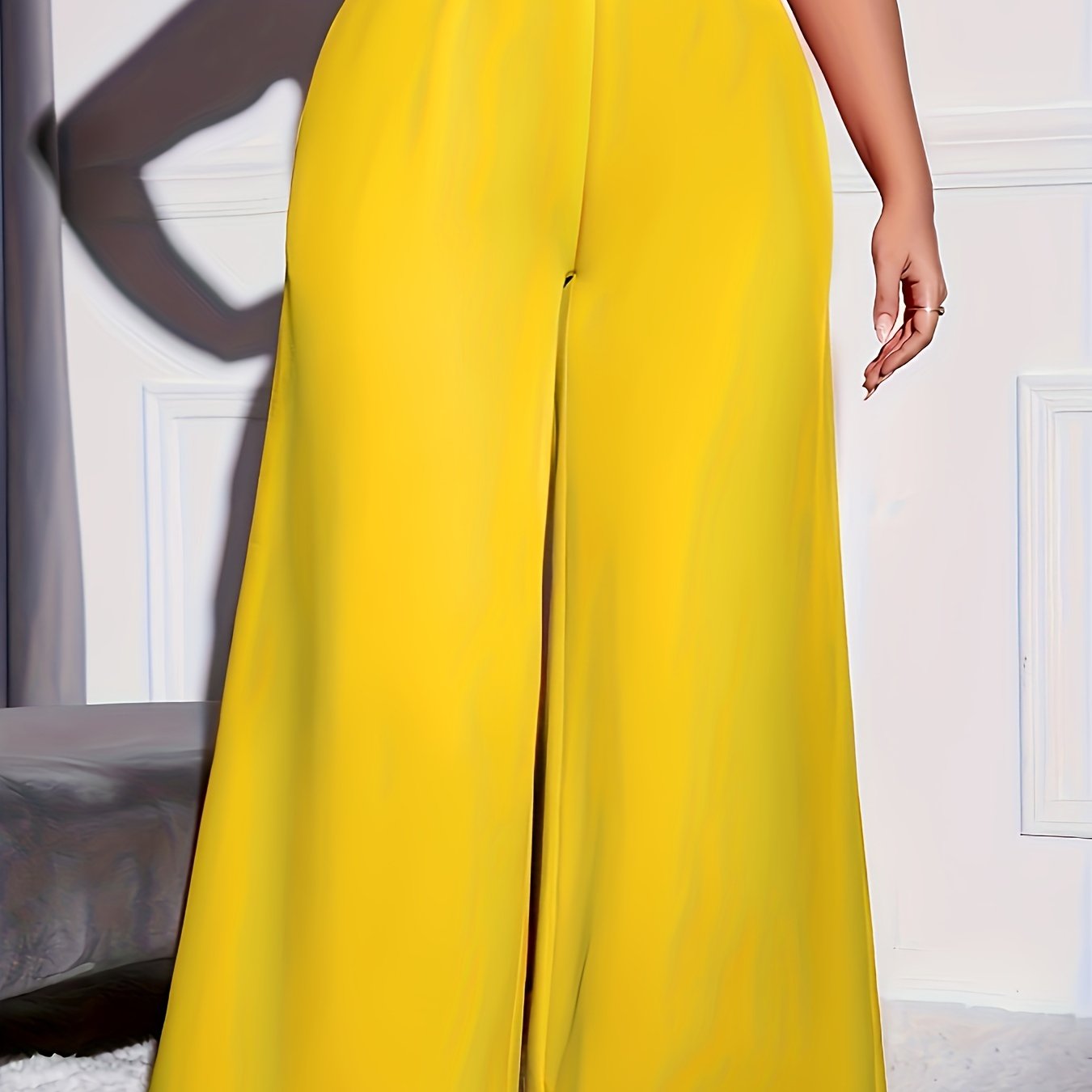 Plus Size Casual Pants, Women's Plus Solid High Waist Wide Leg Medium Stretch Trousers