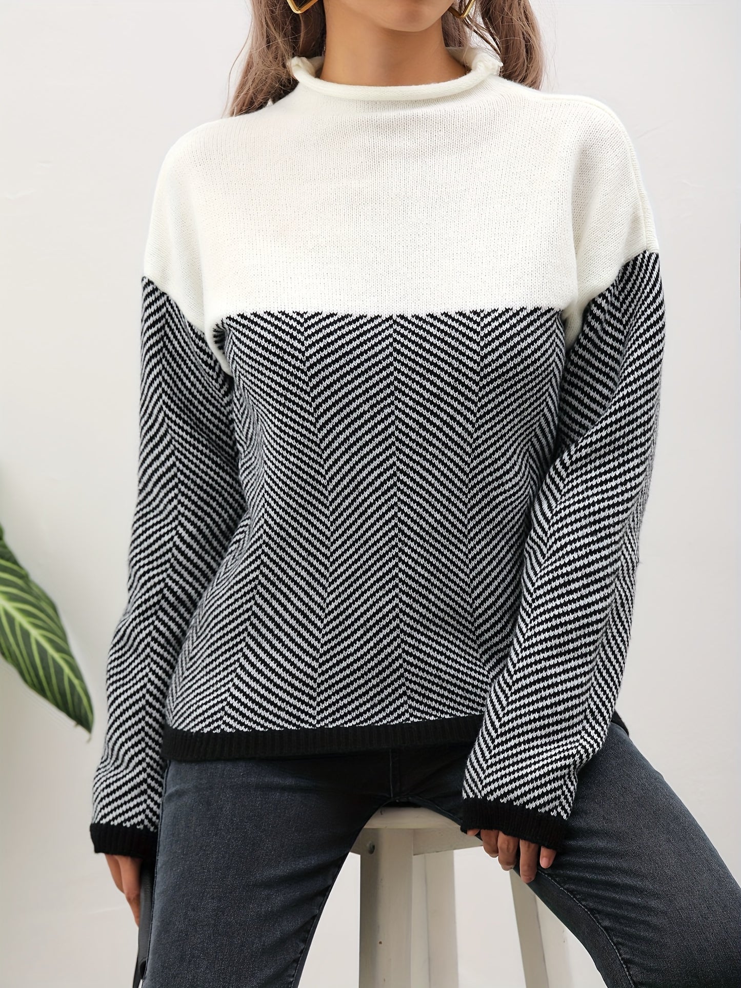 vlovelaw Long Sleeve Elegant Loose Sweater, High Neck Casual Sweater For Winter & Fall, Women's Clothing