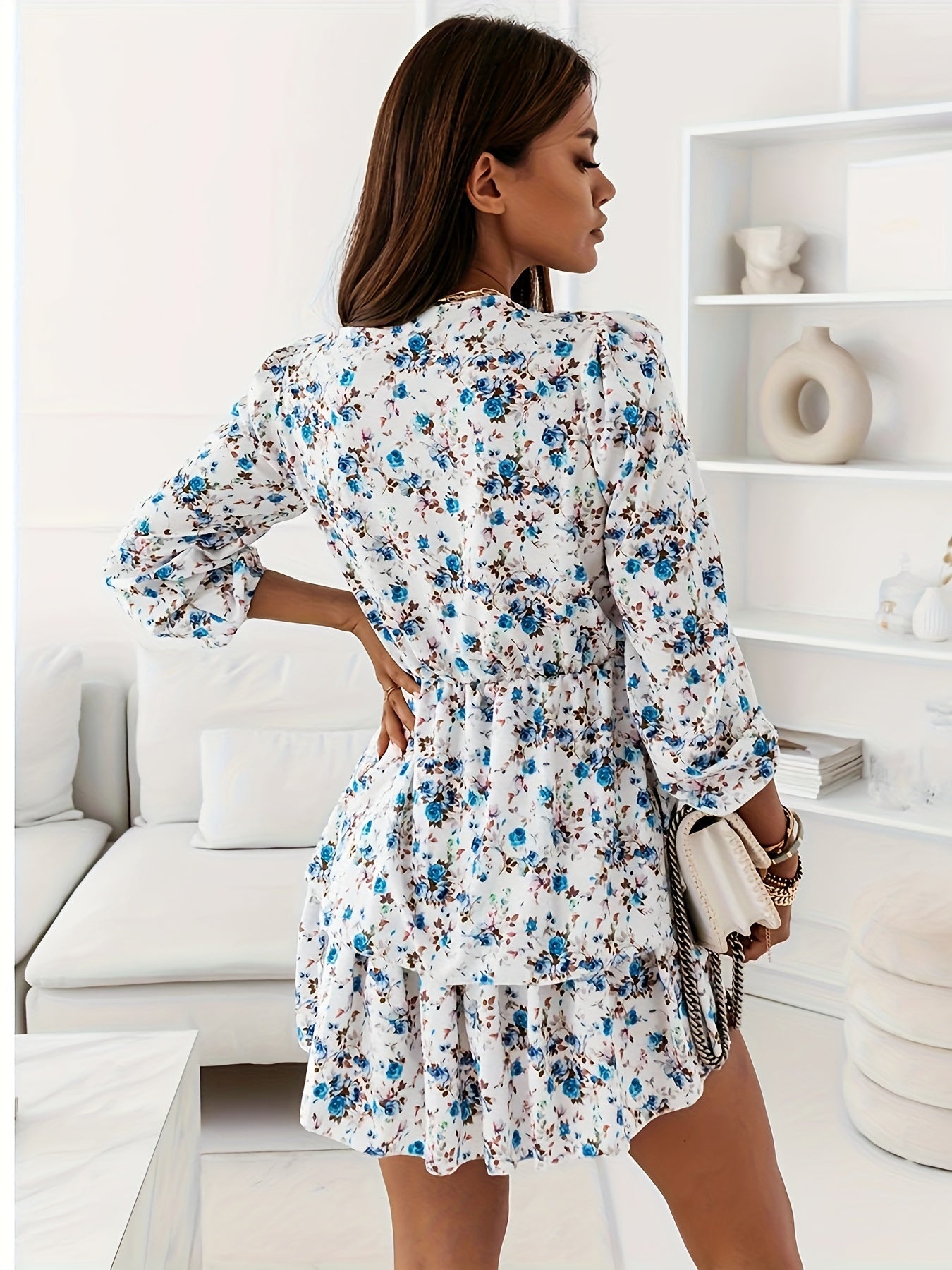 vlovelaw Floral Print Surplice Neck Dress, Casual Long Sleeve Layered Hem Dress, Women's Clothing