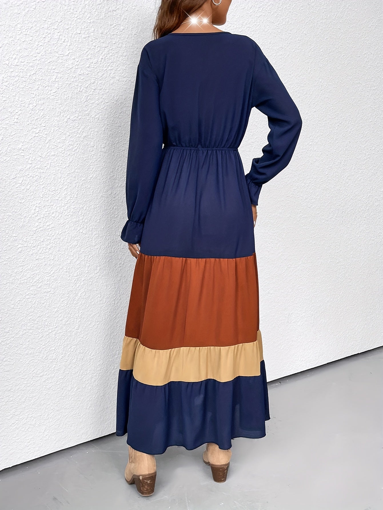 vlovelaw Color Block Ruffle Long Sleeve Dress, Casual Surplice Neck Cinched Waist Dress For Spring & Fall, Women's Clothing