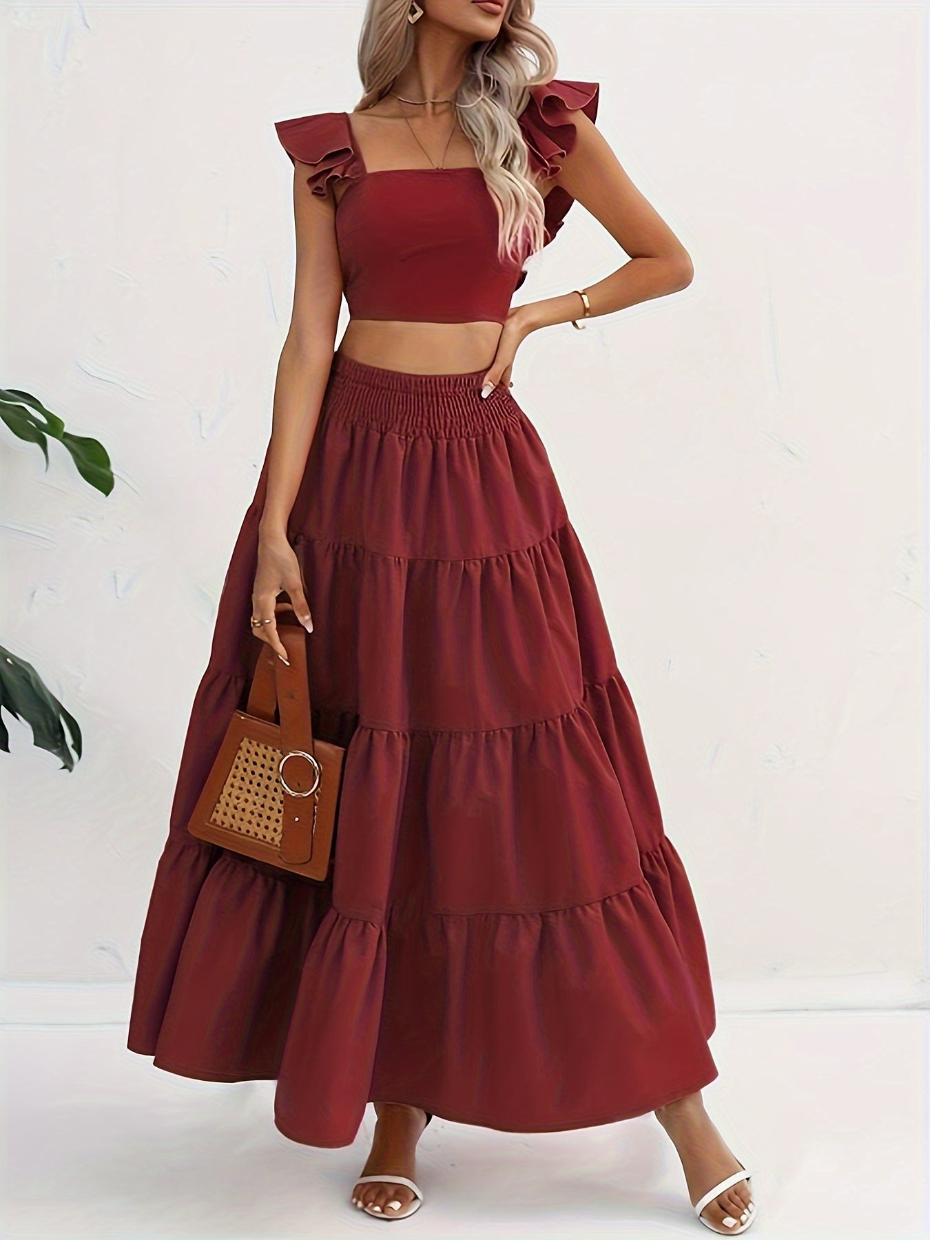 vlovelaw Solid Ruffle Shirred Skirt Suits, Square Neck Flutter Sleeve Backless Crop Top & Elastic High Waist A-line Skirt Outfits, Women's Clothing