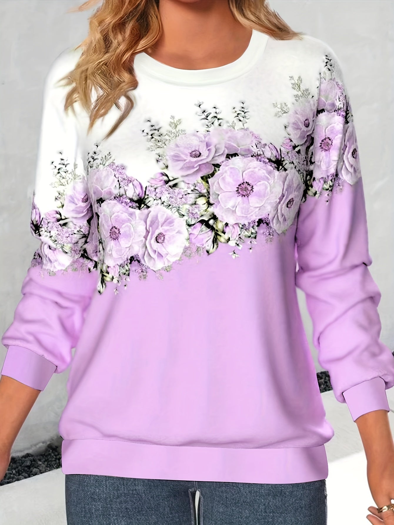 vlovelaw Crew Neck Flowers Print Sweatshirt, Casual Sports Running Long Sleeve Tops, Women's Clothing