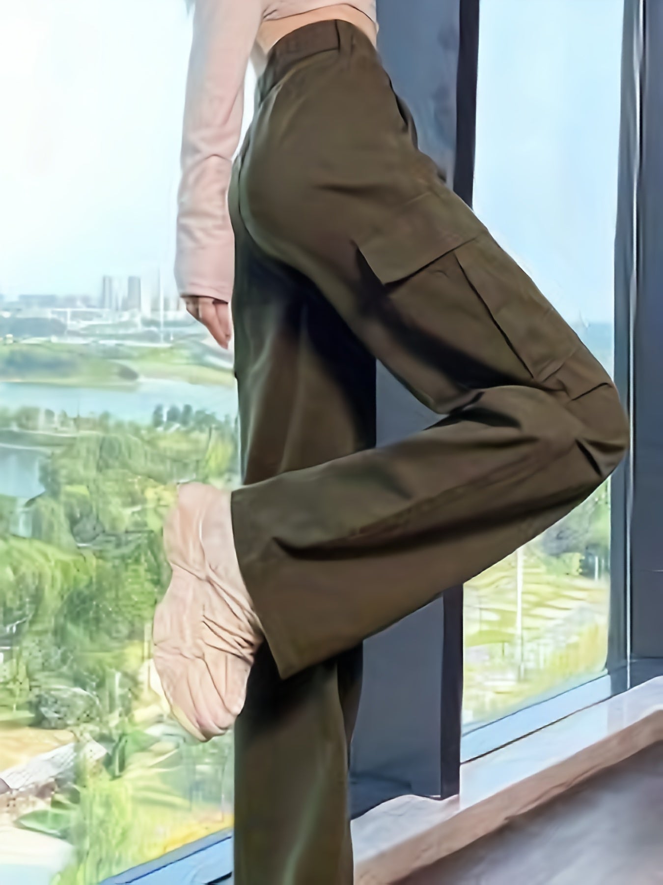 vlovelaw Solid Straight Leg Cargo Pants, Y2K Flap Pocket High Waist Loose Pants, Women's Clothing
