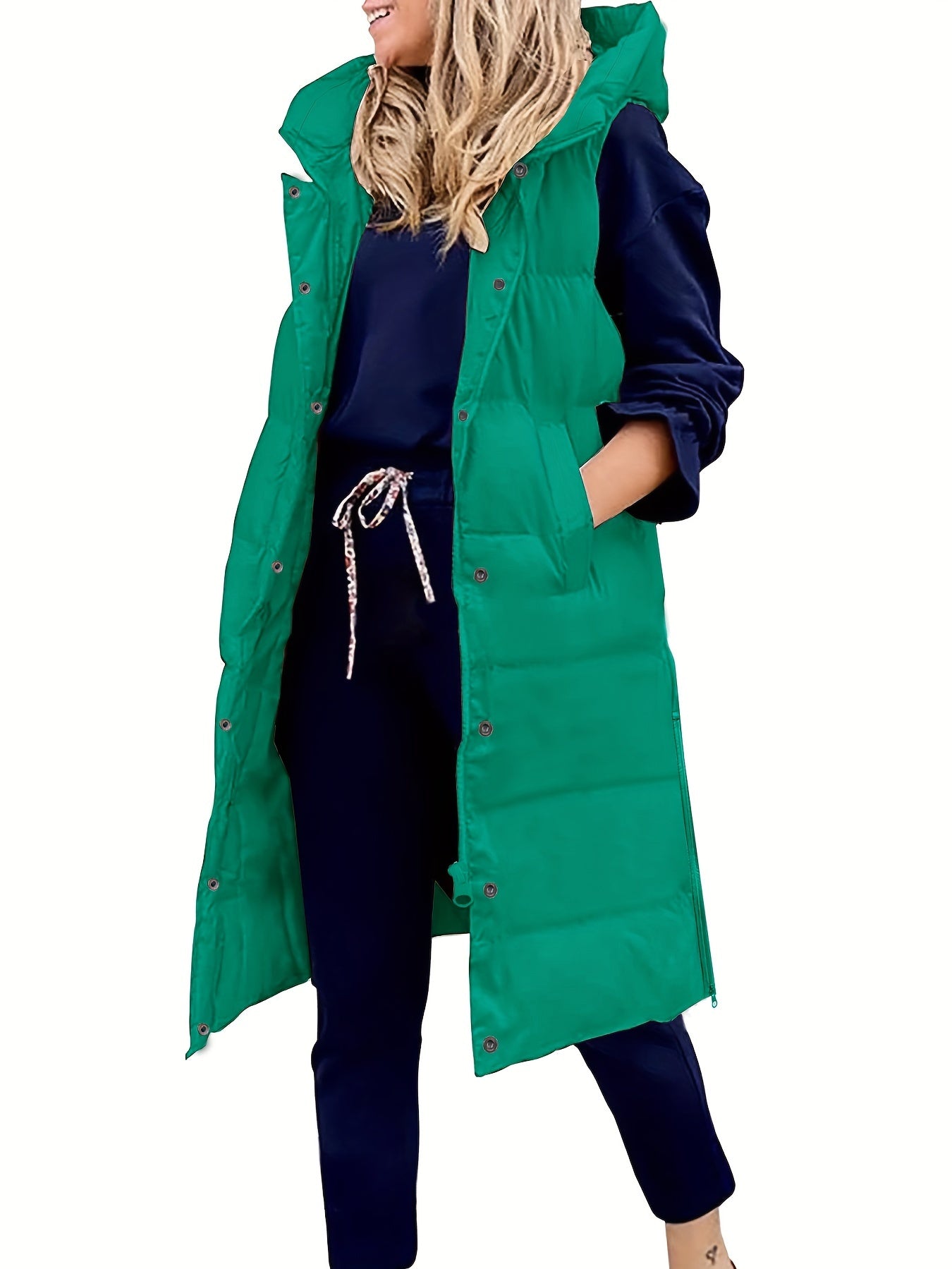 Hooded Sleeveless Coat, Button Front Long Length Casual Warm Outerwear, Women's Clothing