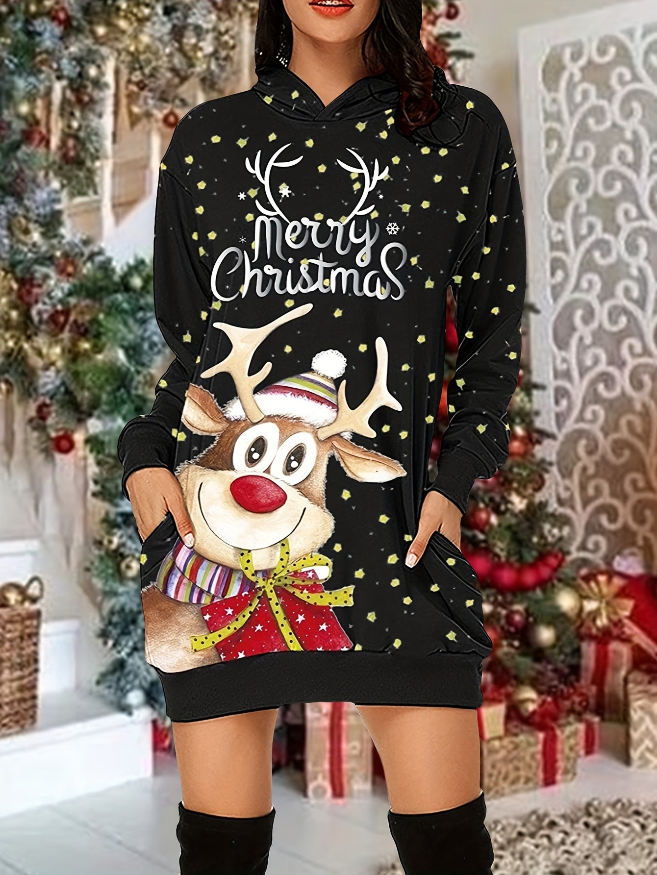 vlovelaw Christmas Print Casual Hoodie Dress Long Sleeve Hooded Dress