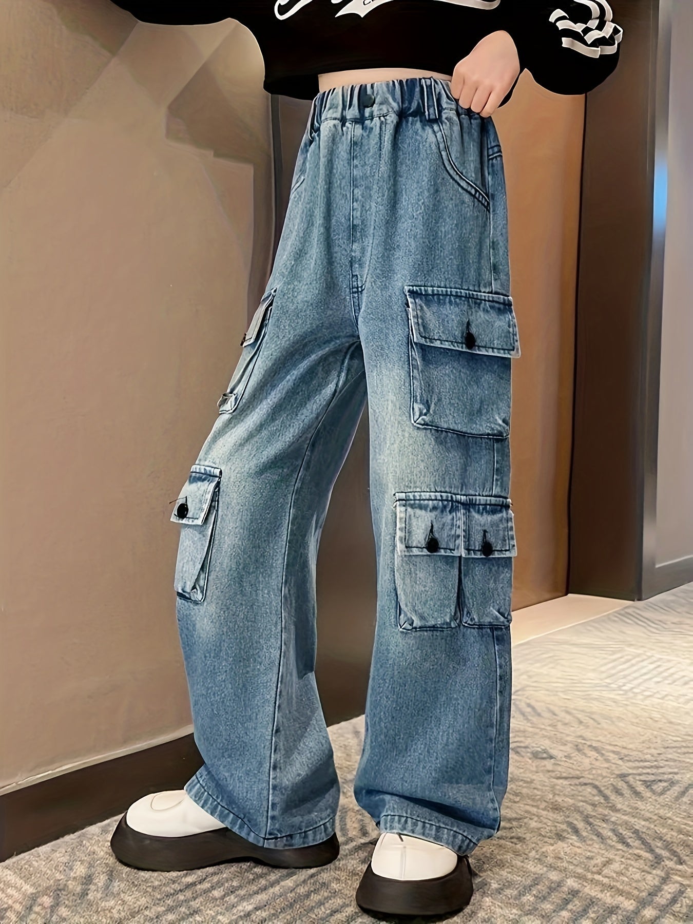 Girls' Autumn/winter Trousers, Trendy Loose Straight Multi-pocket Cargo Denim Pants, Kids' Jeans For Outdoor, Kids Clothing