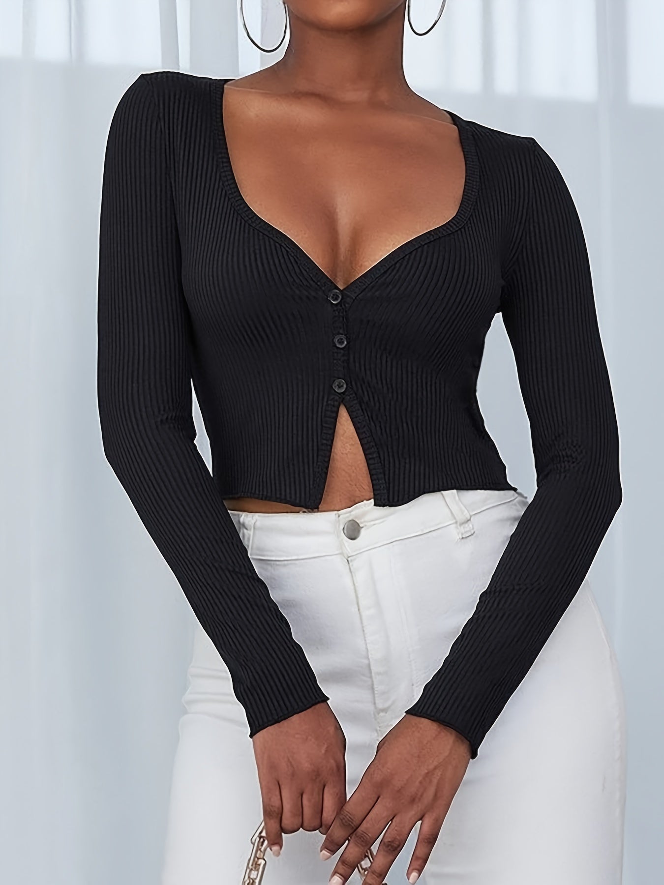 vlovelaw Solid Rib-knit Button Up T-shirt, Casual Long Sleeve Top For Spring & Fall, Women's Clothing