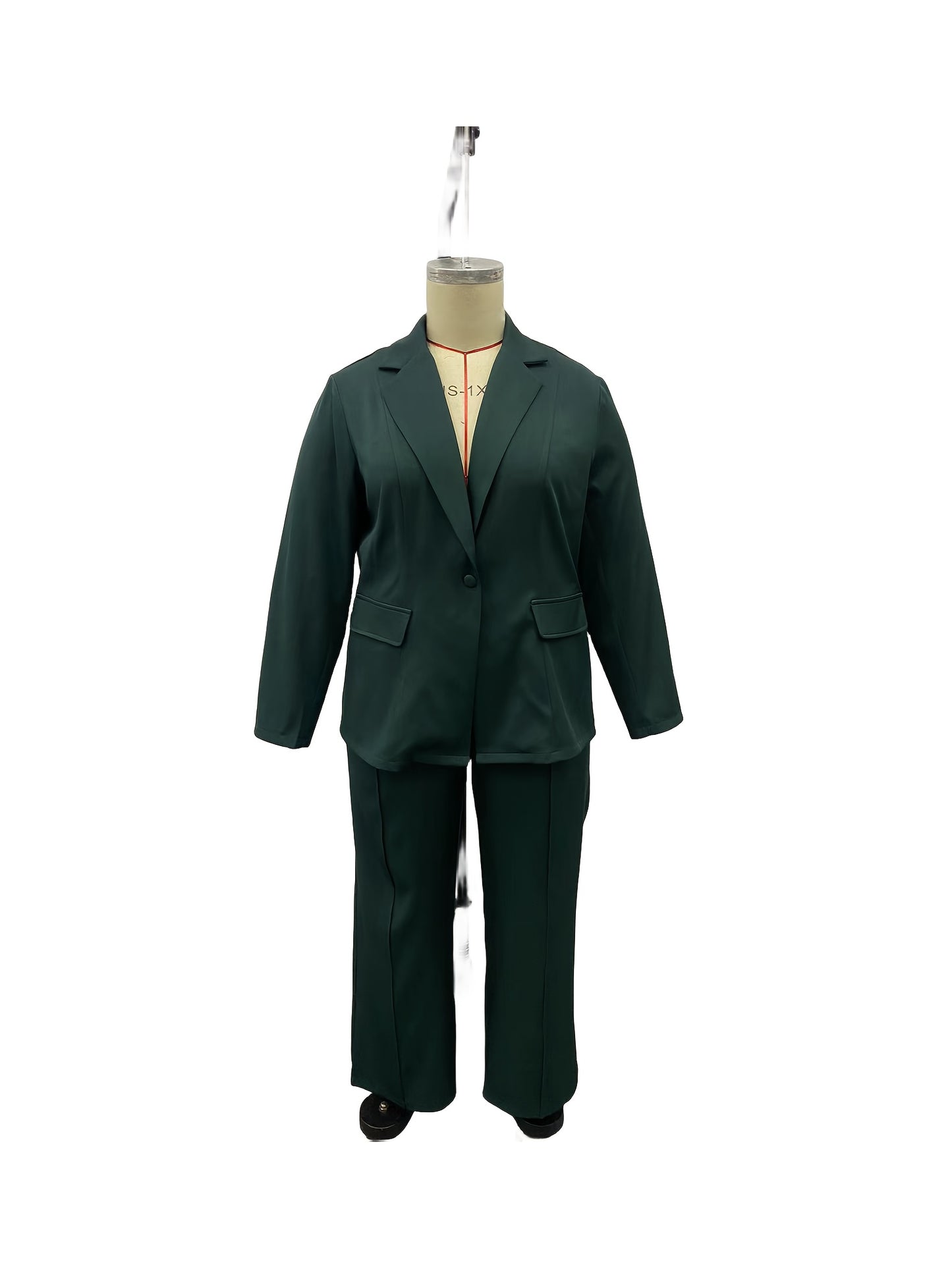 vlovelaw Plus Size Casual Suit Set, Women's Plus Solid Long Sleeve Single Breast Button Lapel Collar Suit Coat & Wide Leg Pants Suit Two Piece Set