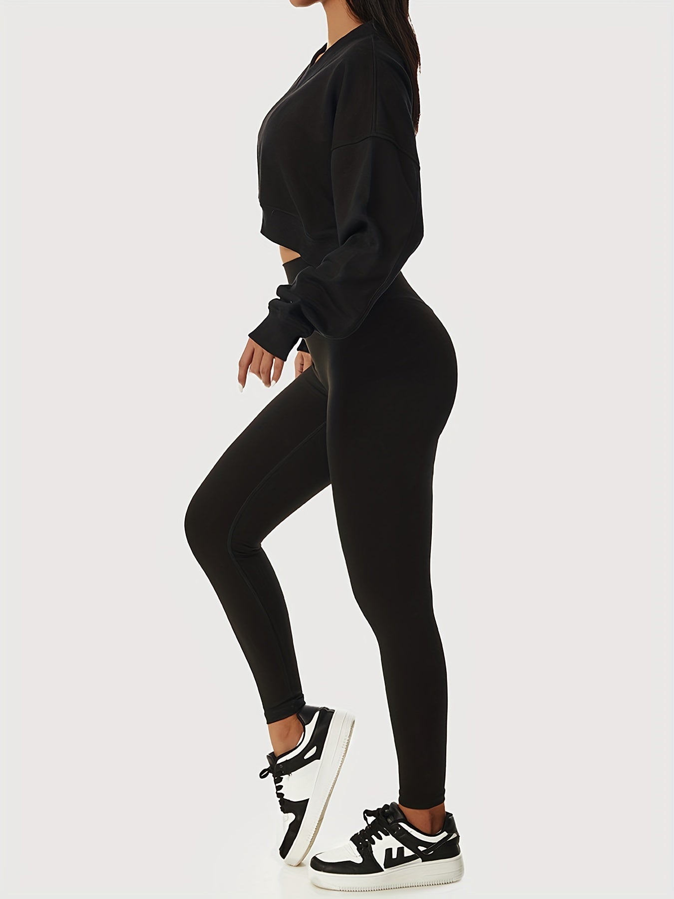 vlovelaw Solid V Neck Sporty Crop Sweatshirt, Casual Long Sleeve Drop Shoulder Sweatshirt, Women's Clothing