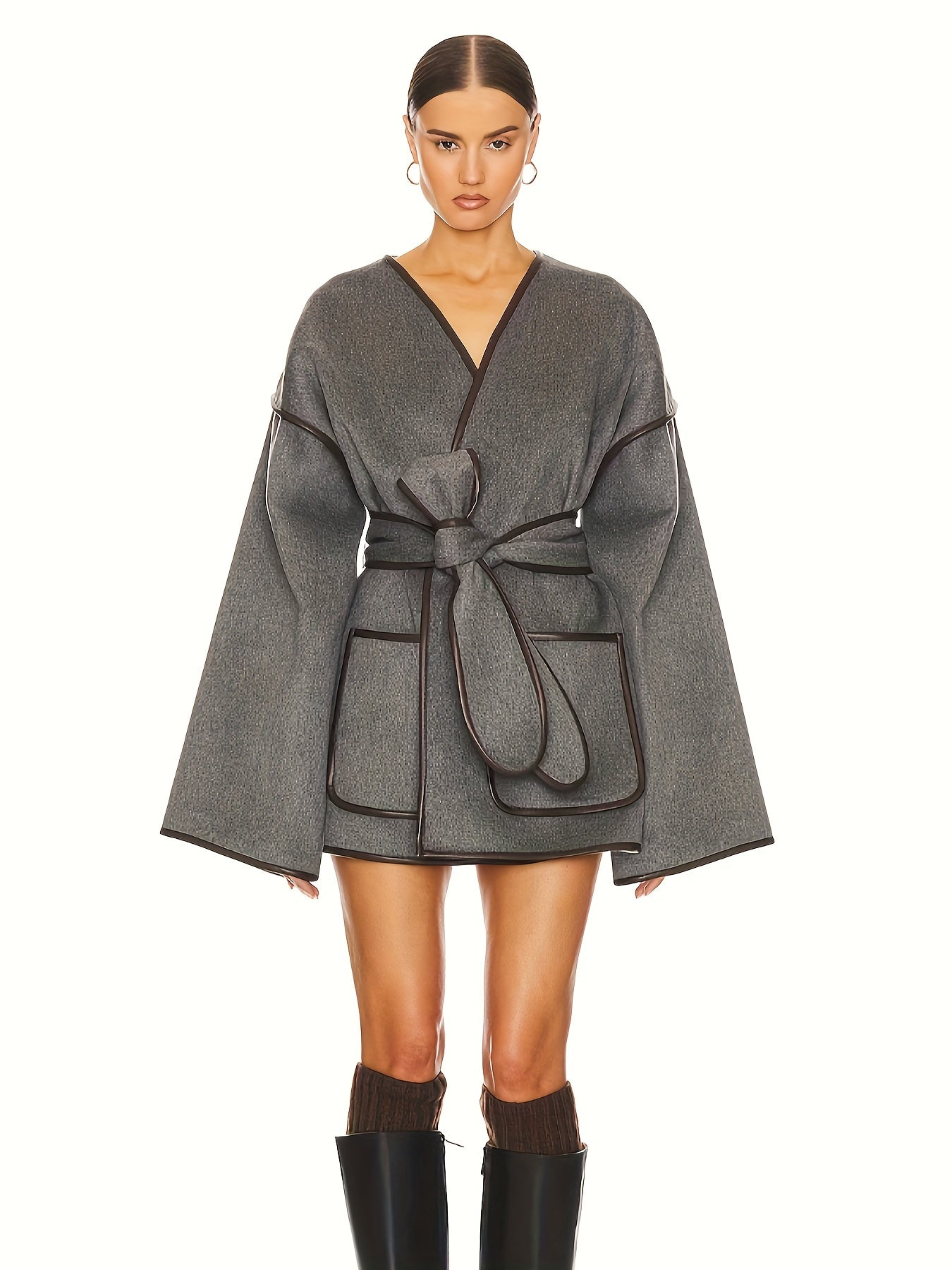 vlovelaw Contrast Trim Open Front Tied Coat, Stylish Long Sleeve Dual Pocket Jacket For Fall & Winter, Women's Clothing