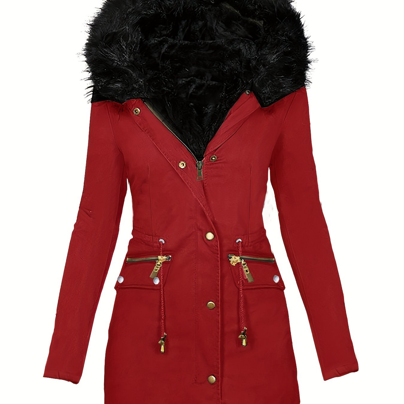 vlovelaw Faux Fur Hood Drawstring Parka Coat, Zip Up Button Front Pocket Thermal Overcoat, Women's Clothing