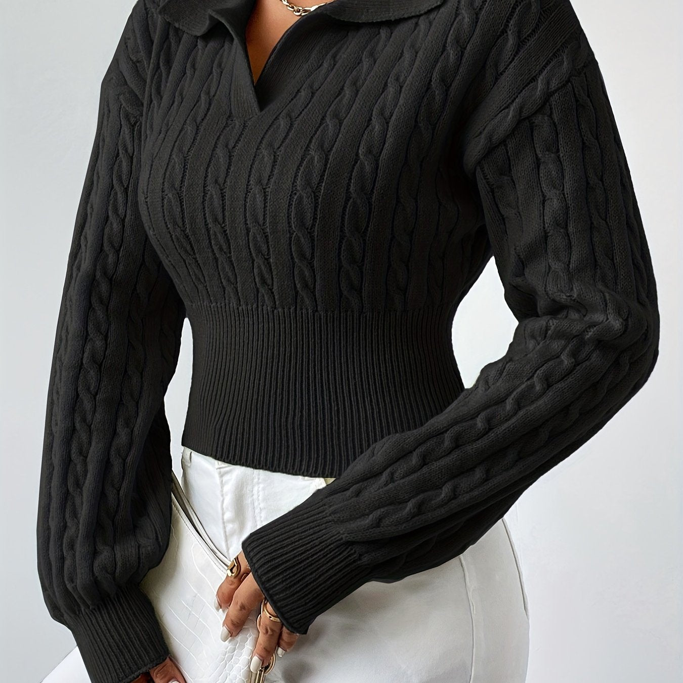 Twist Textured V Neck Knitted Top, Casual Long Sleeve Sweater For Fall & Winter, Women's Clothing