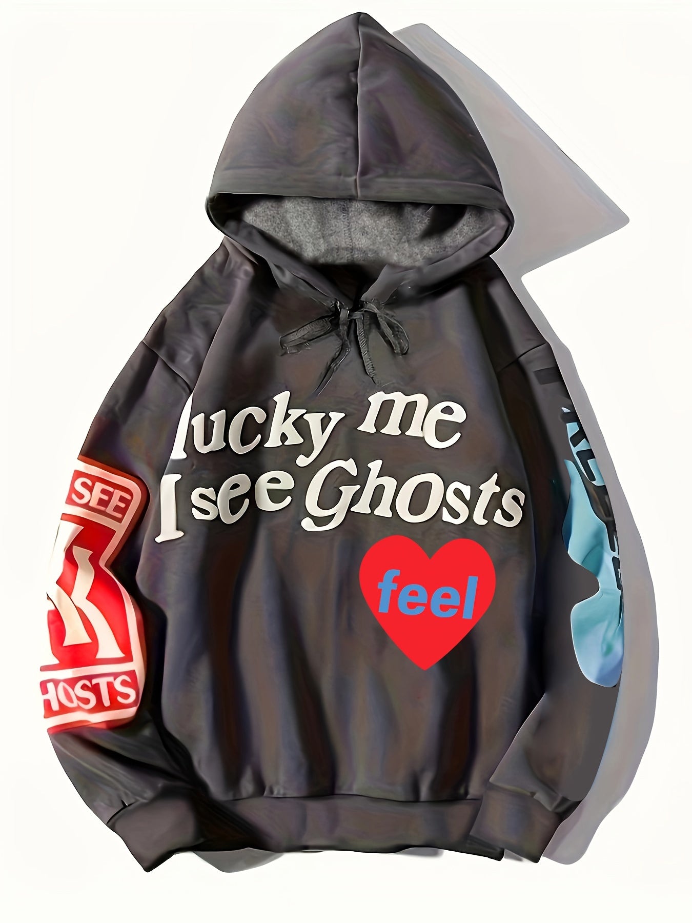 vlovelaw Lucky Me I See Ghosts Letter Graphic Casual Sports Sweatshirt For Halloween, Fashion Hip Hop Pullover Hoodie, Women's Tops