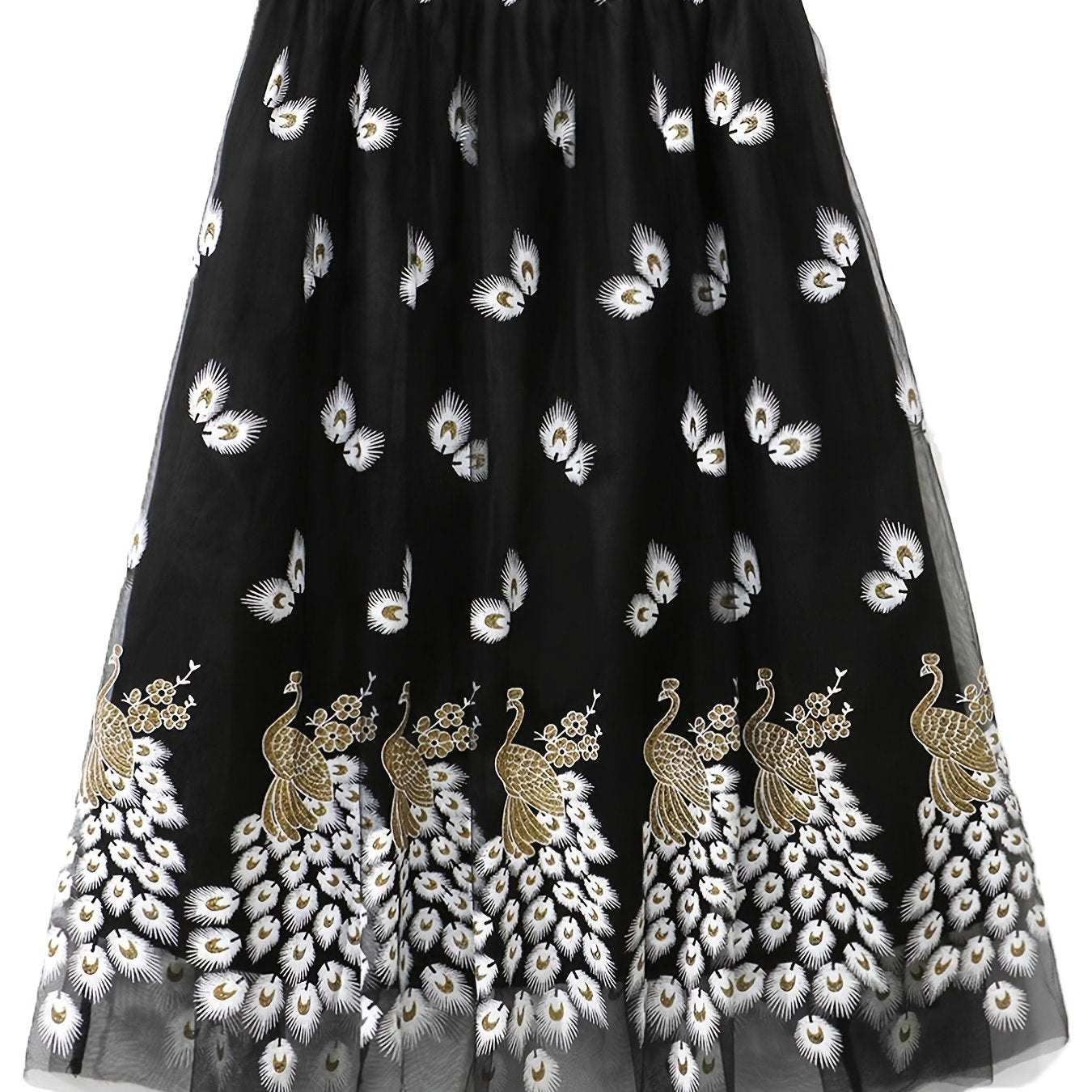 Plus Size Elegant Skirt, Women's Plus Peacock & Feather Print Elastic Waist Pleated Mesh Skirt