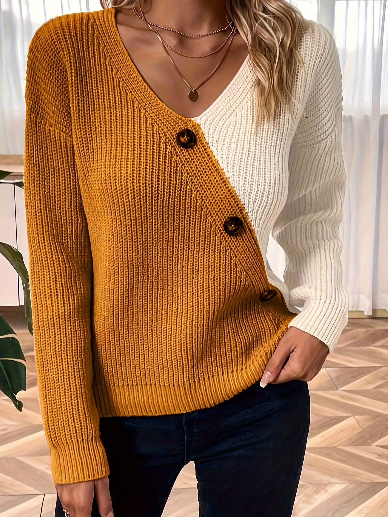 vlovelaw Color Block V Neck Pullover Sweater, Casual Button Long Sleeve Drop Shoulder Sweater, Women's Clothing