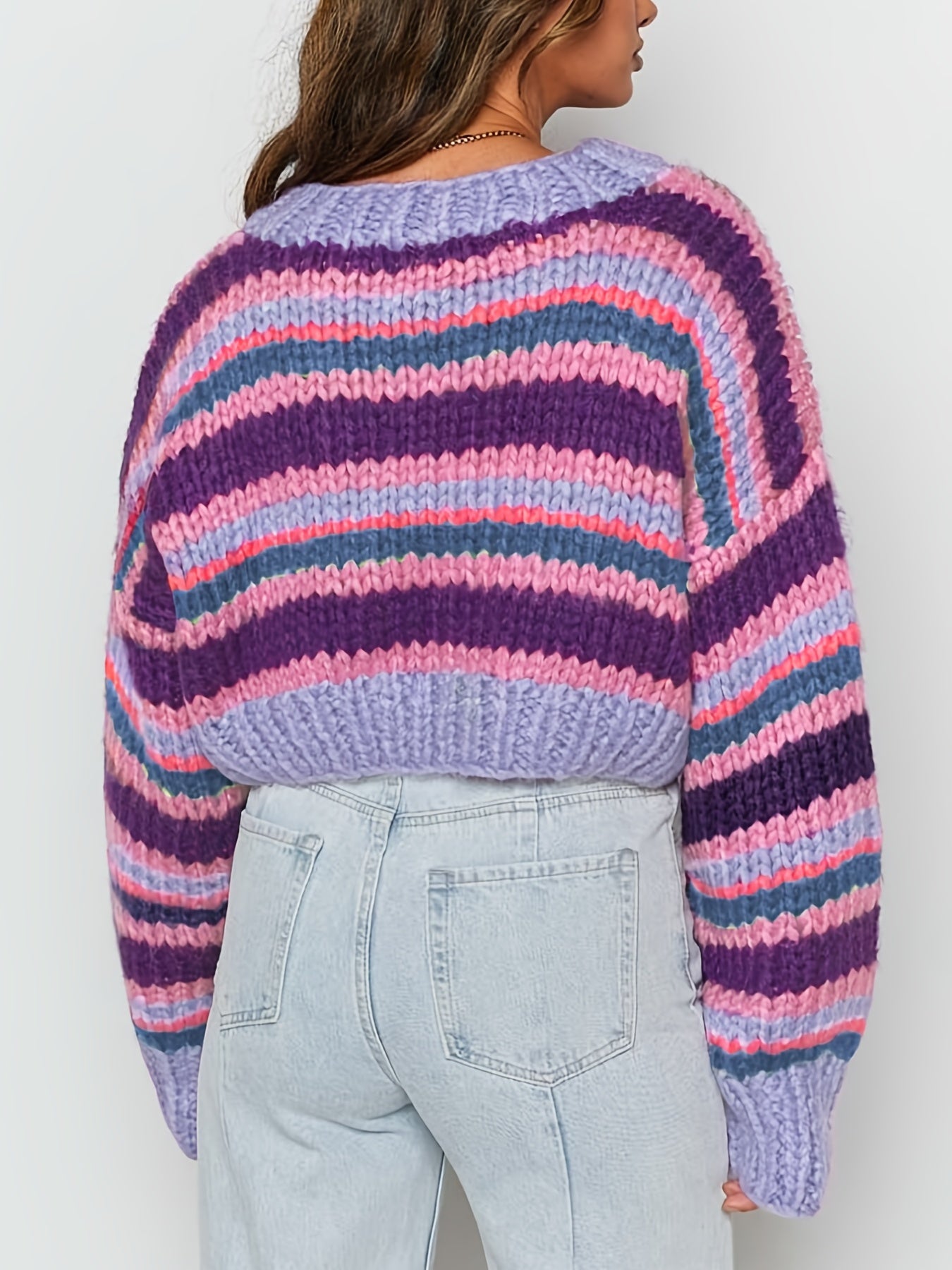 vlovelaw vlovelaw Y2K Striped Crew Neck Crop Sweater, Long Sleeve Drop Shoulder Sweater, Women's Clothing