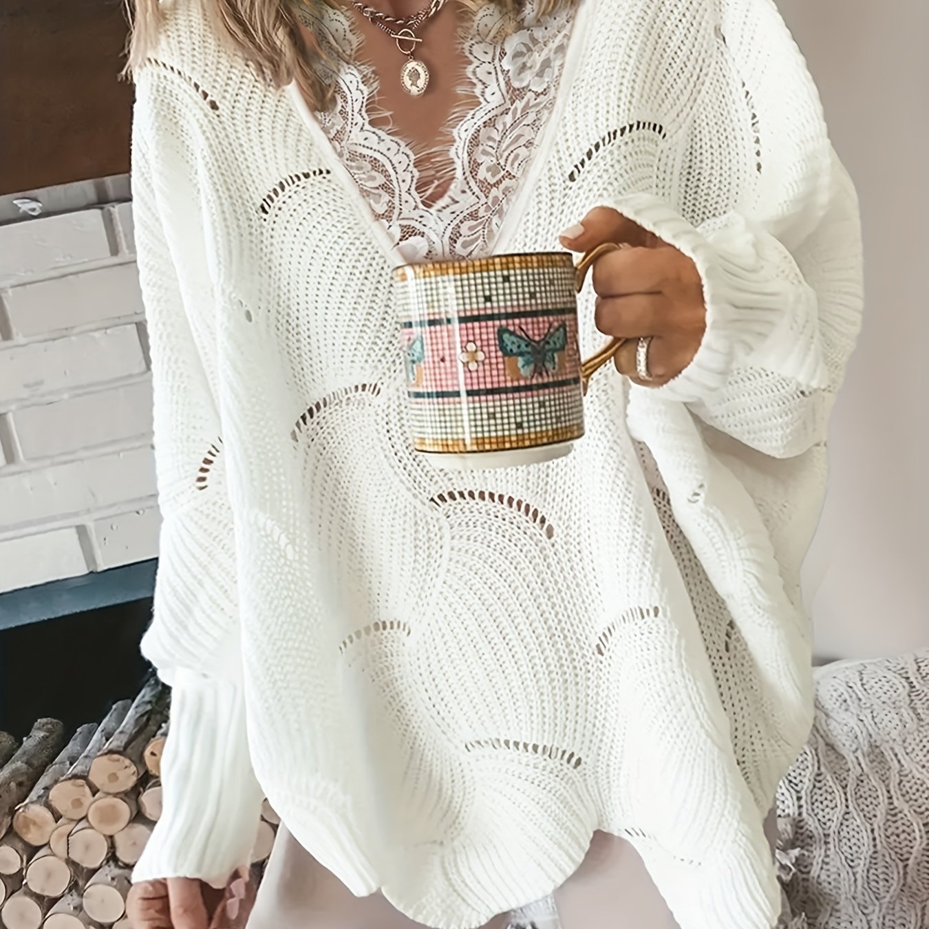 Solid Eyelet Scallop Hem Knit Sweater, Casual Lace V Neck Long Sleeve Pullover Sweater, Women's Clothing