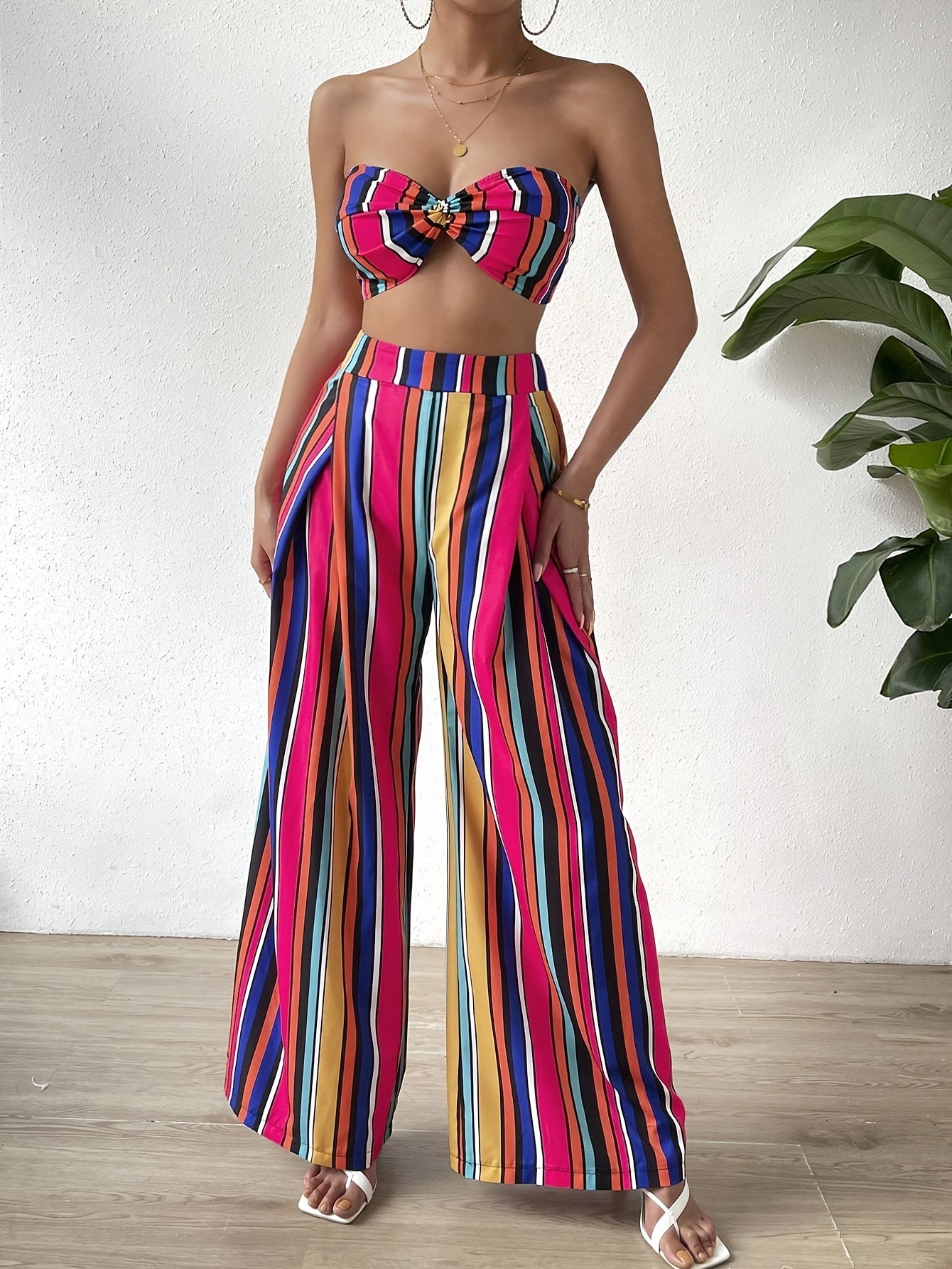vlovelaw Striped Print Casual Two-piece Set, Bowknot Back Crop Tube Top & Wide Leg Pants Outfits, Women's Clothing