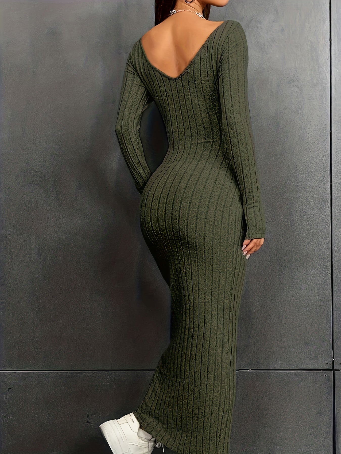 vlovelaw Backless Long Sleeve Ribbed Dress, Casual V Neck Maxi Length Slim Dress, Women's Clothing