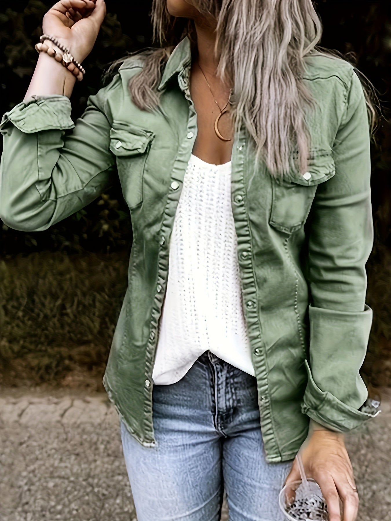 Long Sleeves Denim Shirt, Single-Breasted Button Flap Pockets Non-Stretch Lapel Denim Jackets, Women's Denim Clothing