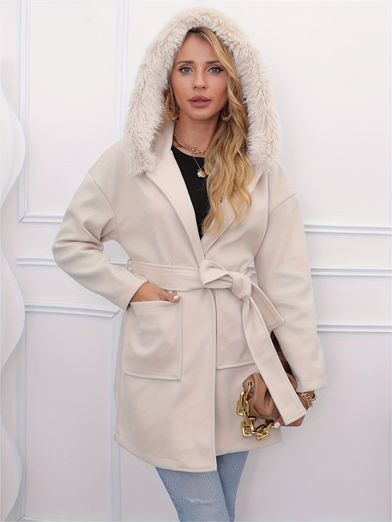 Solid Patched Pockets Belted Jacket, Casual Long Sleeve Hooded Jacket For Fall & Winter, Women's Clothing