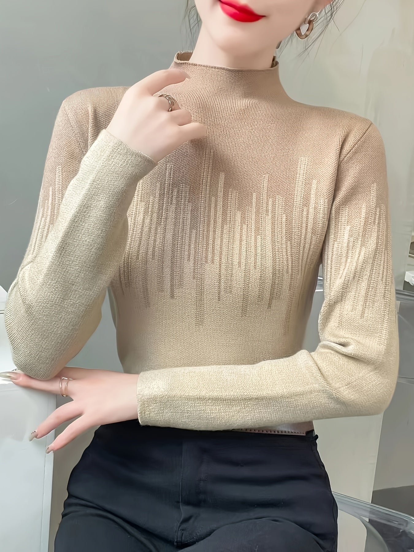 Color Block Mock Neck Pullover Sweater, Elegant Long Sleeve Slim Fashion Sweater, Women's Clothing