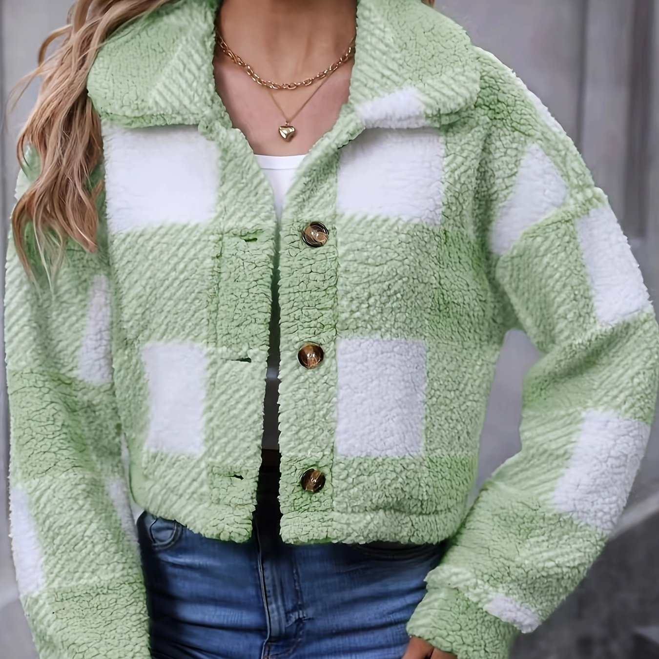 vlovelaw Plaid Teddy Coat, Casual Button Front Long Sleeve Winter Warm Outerwear, Women's Clothing