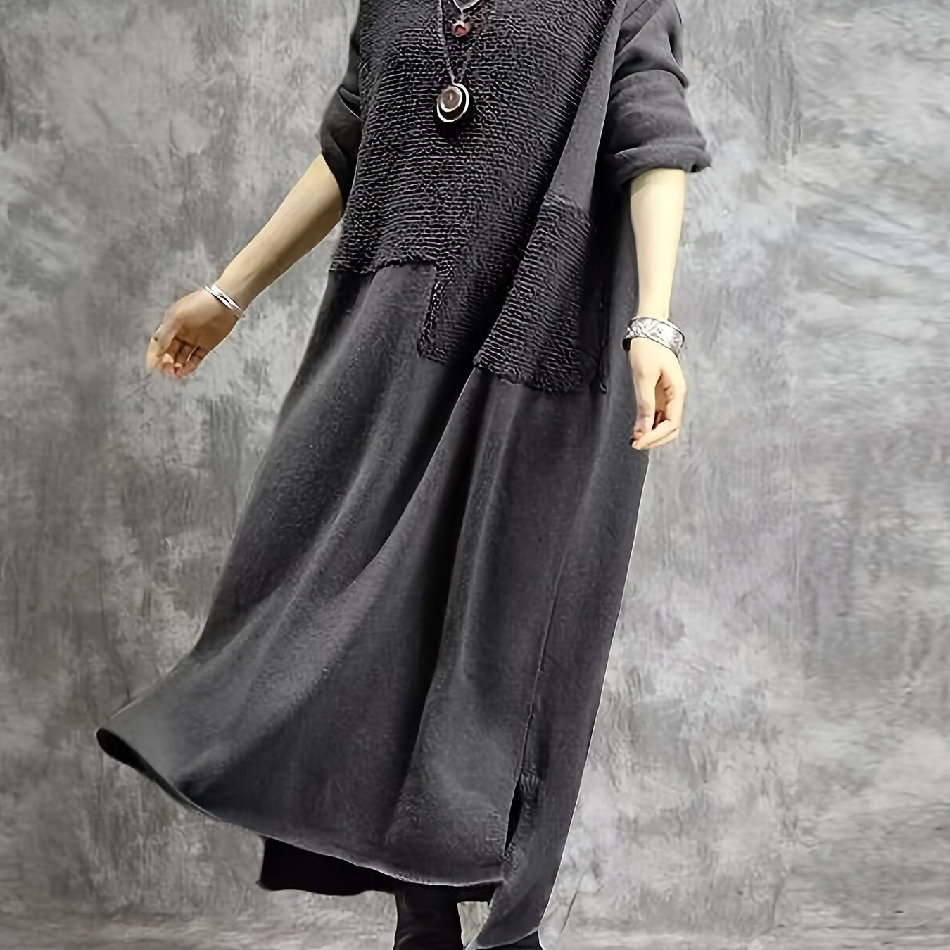 Plus Size Casual Dress, Women's Plus Solid Fleece Long Sleeve High Neck Side Split Maxi Dress