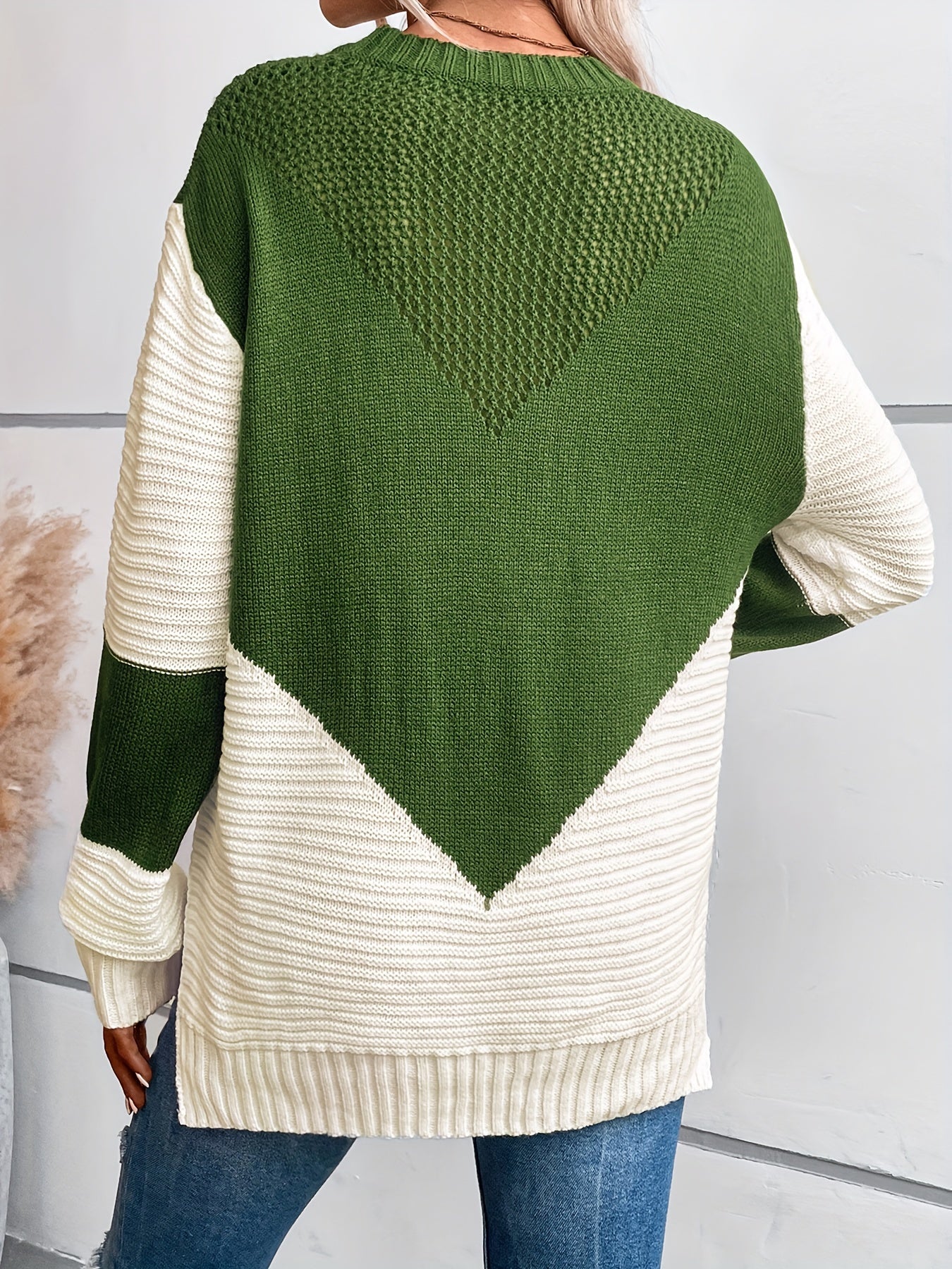 Color Block Crew Neck Sweater, Casual Long Sleeve Split Side Sweater, Women's Clothing