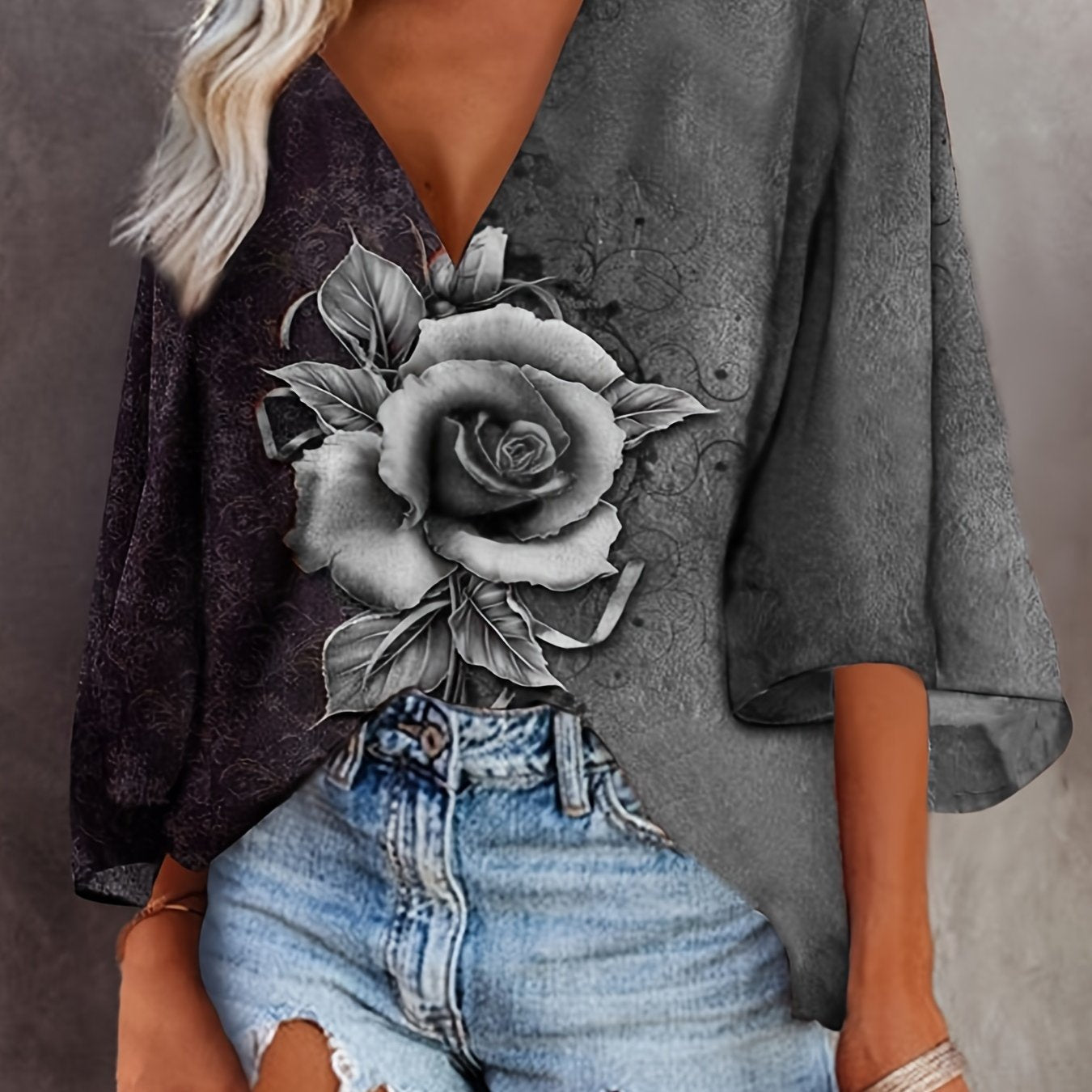 Plus Size Rose Print Bat Sleeve V Neck Top, Women's Plus Medium Stretch Casual T-shirt