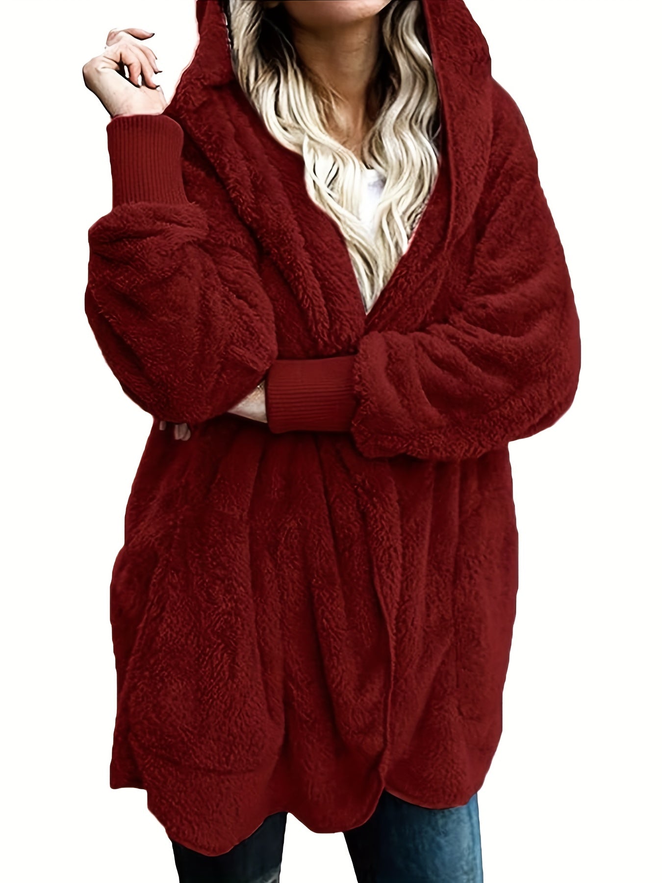 Solid Hooded Fuzzy Coat, Casual Long Sleeve Open Front Coat For Winter & Fall, Women's Clothing