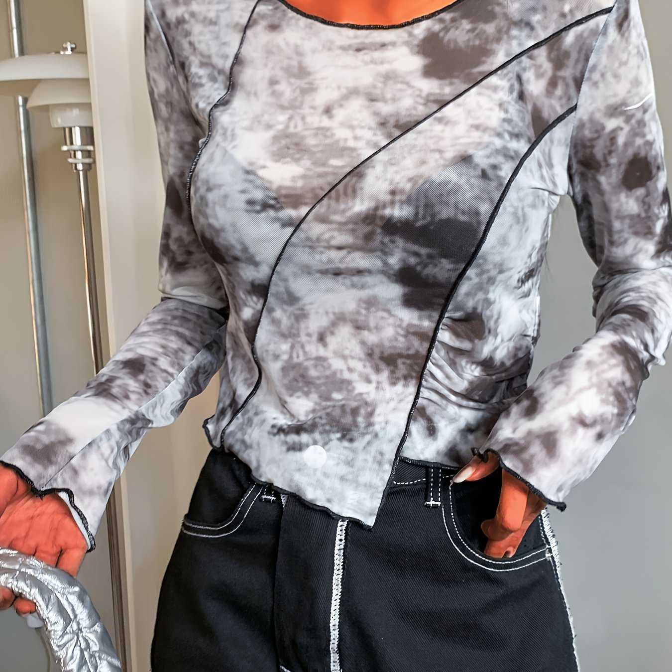 All Over Print Irregular Hem Mesh T-Shirt, Casual Long Sleeve Top For Spring & Summer, Women's Clothing