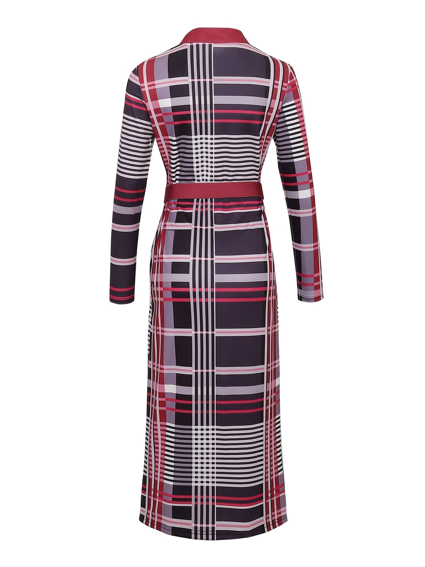 vlovelaw Bodycon Plaid V-neck Dress Without Belt, Elegant Long Sleeve Dress For Spring & Fall, Women's Clothing
