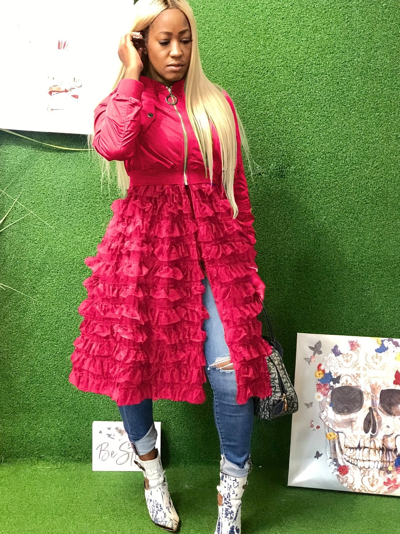 Solid Stand Collar Zipper Jacket With Stitching Ruffled Mesh, Cute Long Sleeve Spring & Fall Outerwear, Women's Clothing