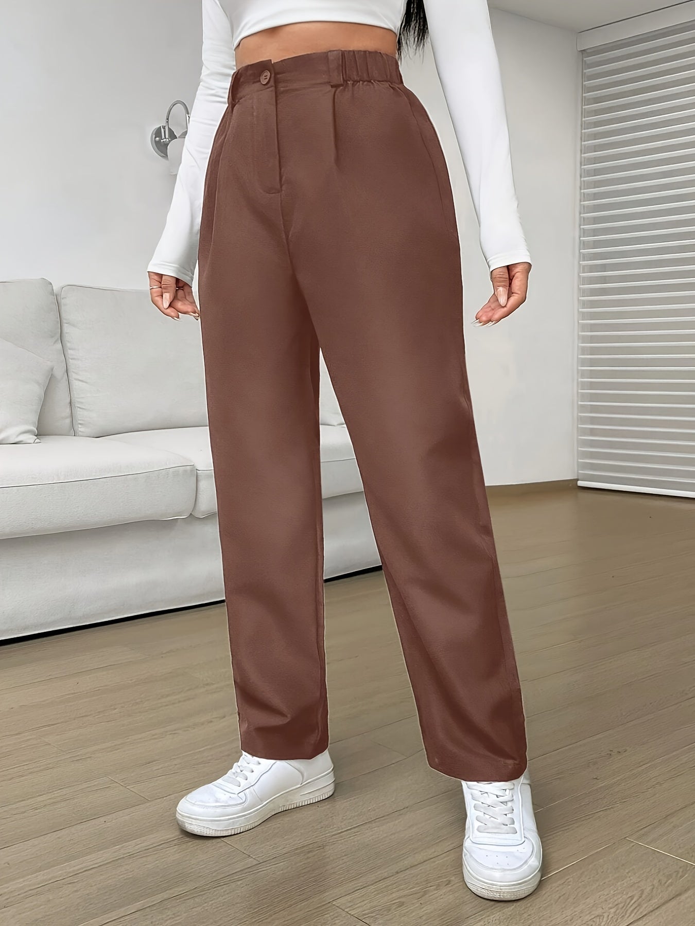 vlovelaw Solid Straight Leg Pants, Elegant High Waist Pants, Women's Clothing