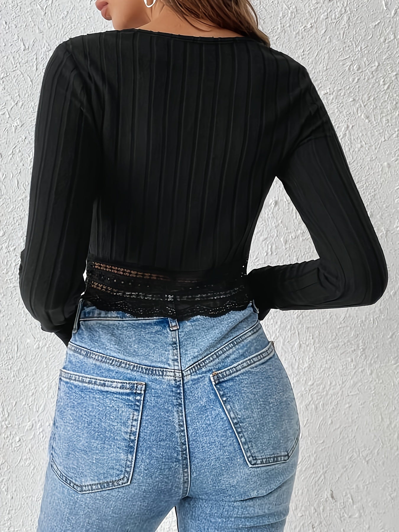 vlovelaw Contrast Lace Square Neck T-Shirt, Casual Long Sleeve Ribbed Top For Spring & Fall, Women's Clothing