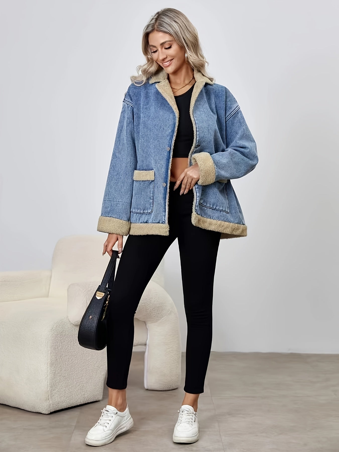 vlovelaw  Lapel Neck Warm Winter Fleece Denim Jacket, Long Sleeve Patched Pocket Fashion Comfortable Denim Coat, Women's Denim Clothing