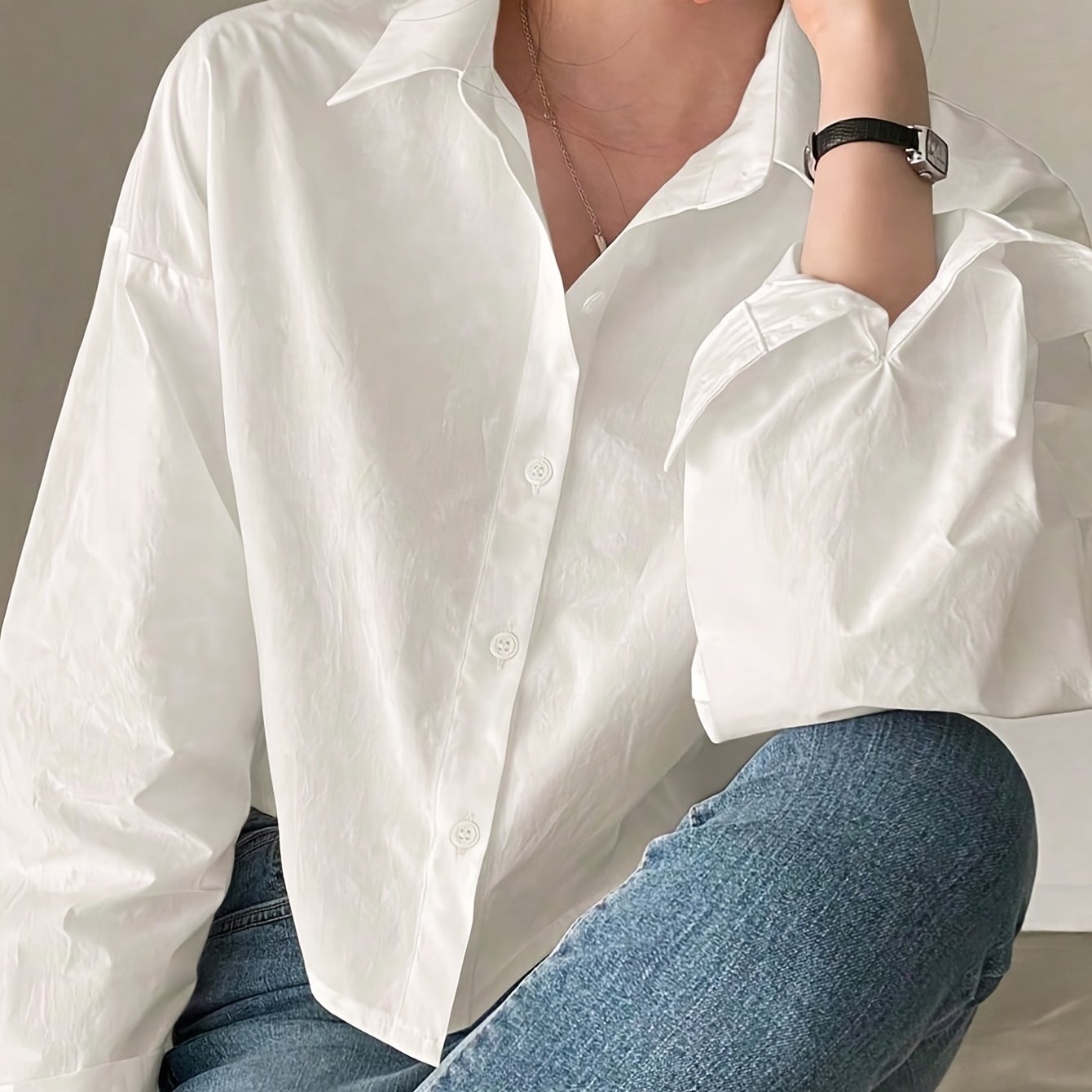 Solid Single Button Lapel Shirt, Casual Long Sleeve Shirt For Spring & Fall, Women's Clothing