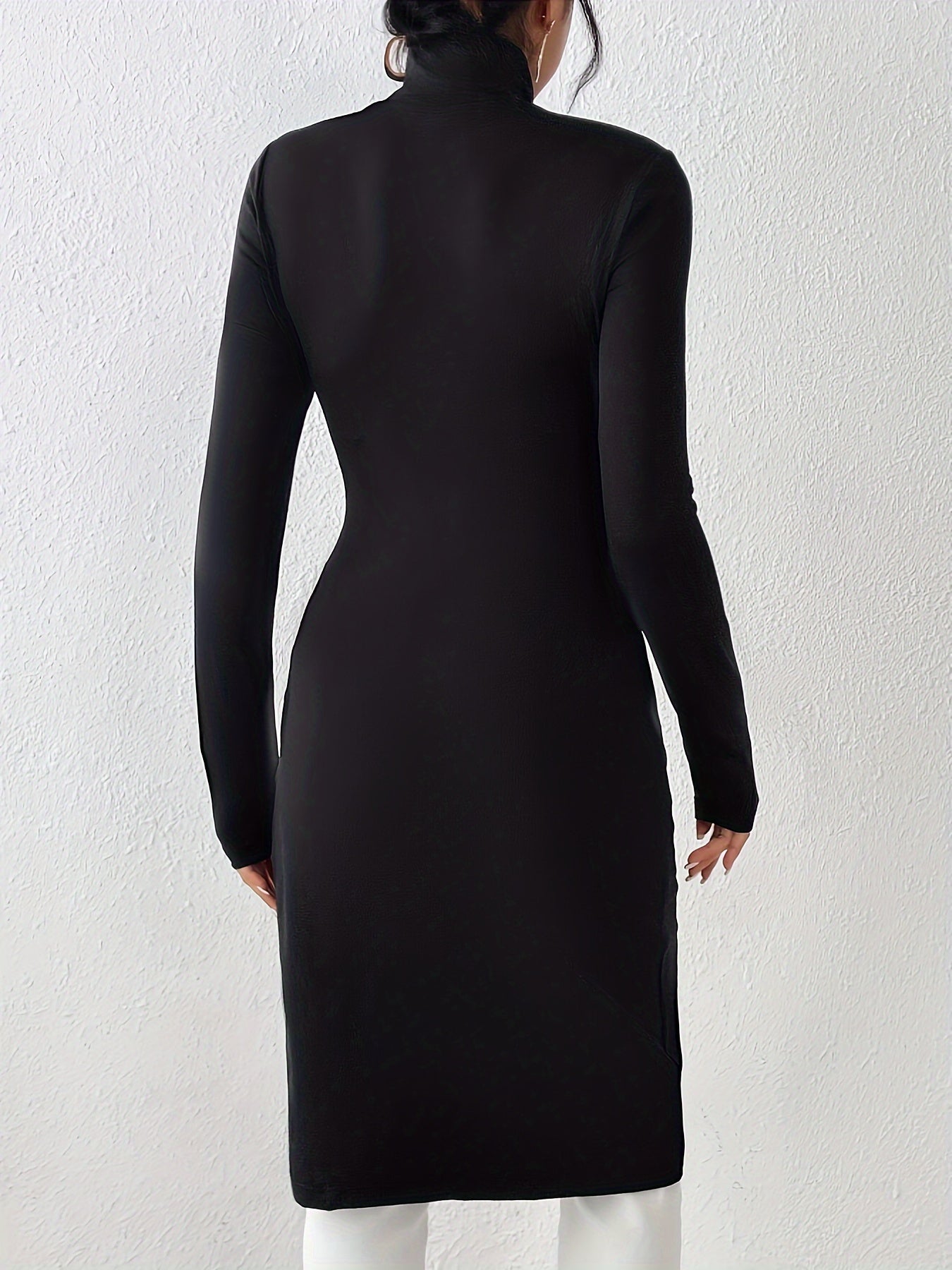 vlovelaw Solid Turtleneck Split Slim Tunics, Versatile Long Sleeve Longline Top, Women's Clothing