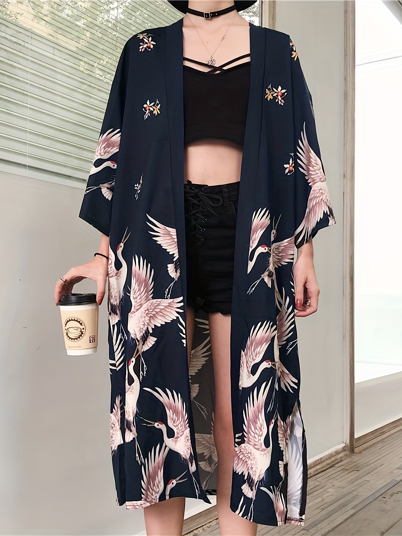 vlovelaw Crane Print Split Kimono, Elegant Open Front Long Sleeve Coat For Spring & Fall, Women's Clothing