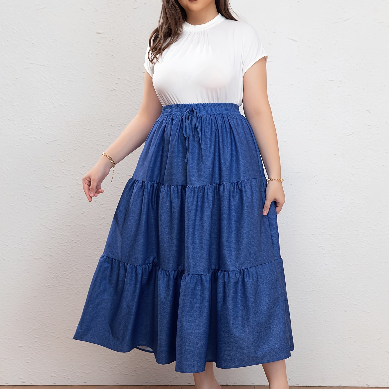 Plus Size Casual Skirt, Women's Plus Denim Print Drawstring Elastic High Rise Smock Skirt