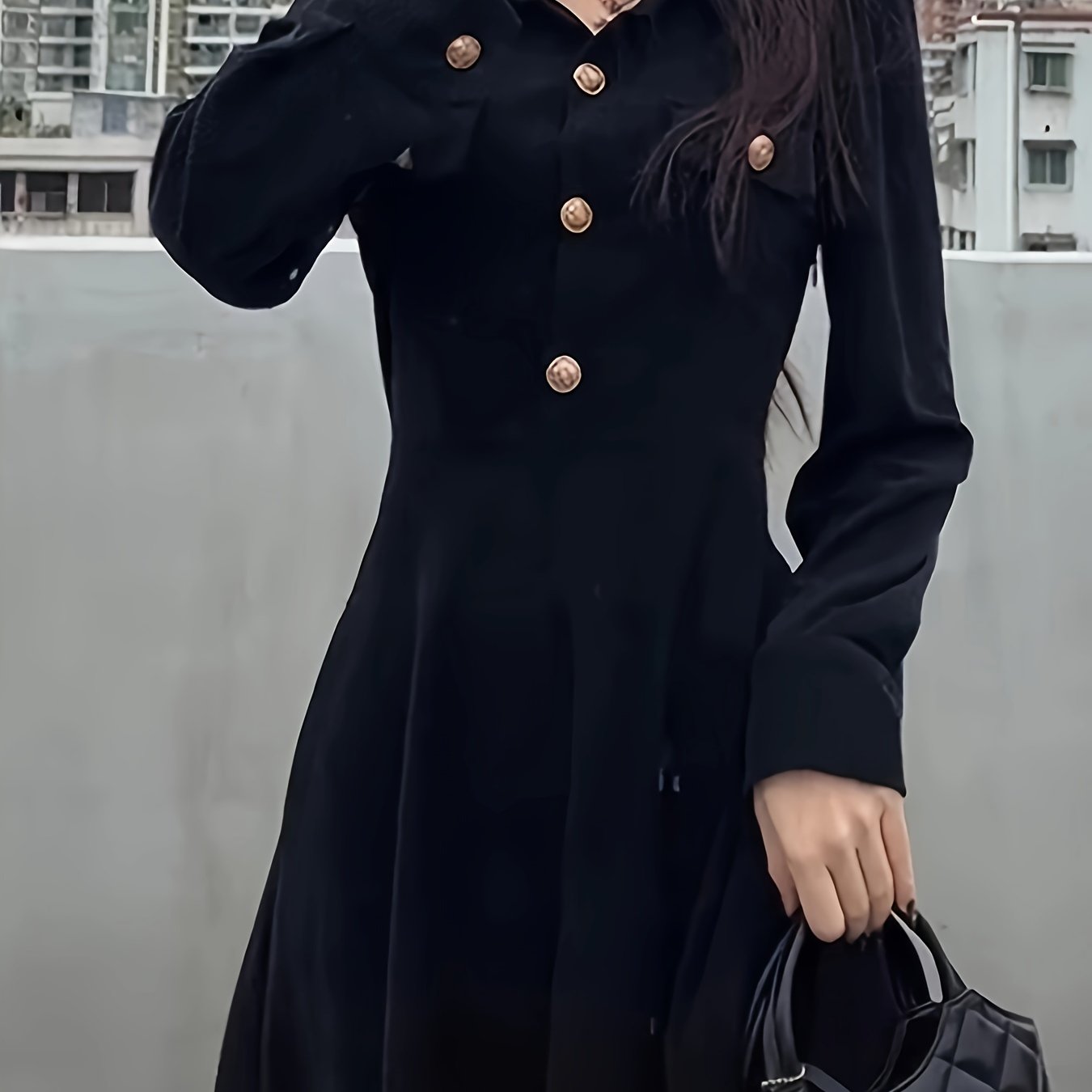 vlovelaw Single Breasted V-neck Slim Dress, Elegant Puff Sleeve Vintage Dress For Spring & Fall, Women's Clothing