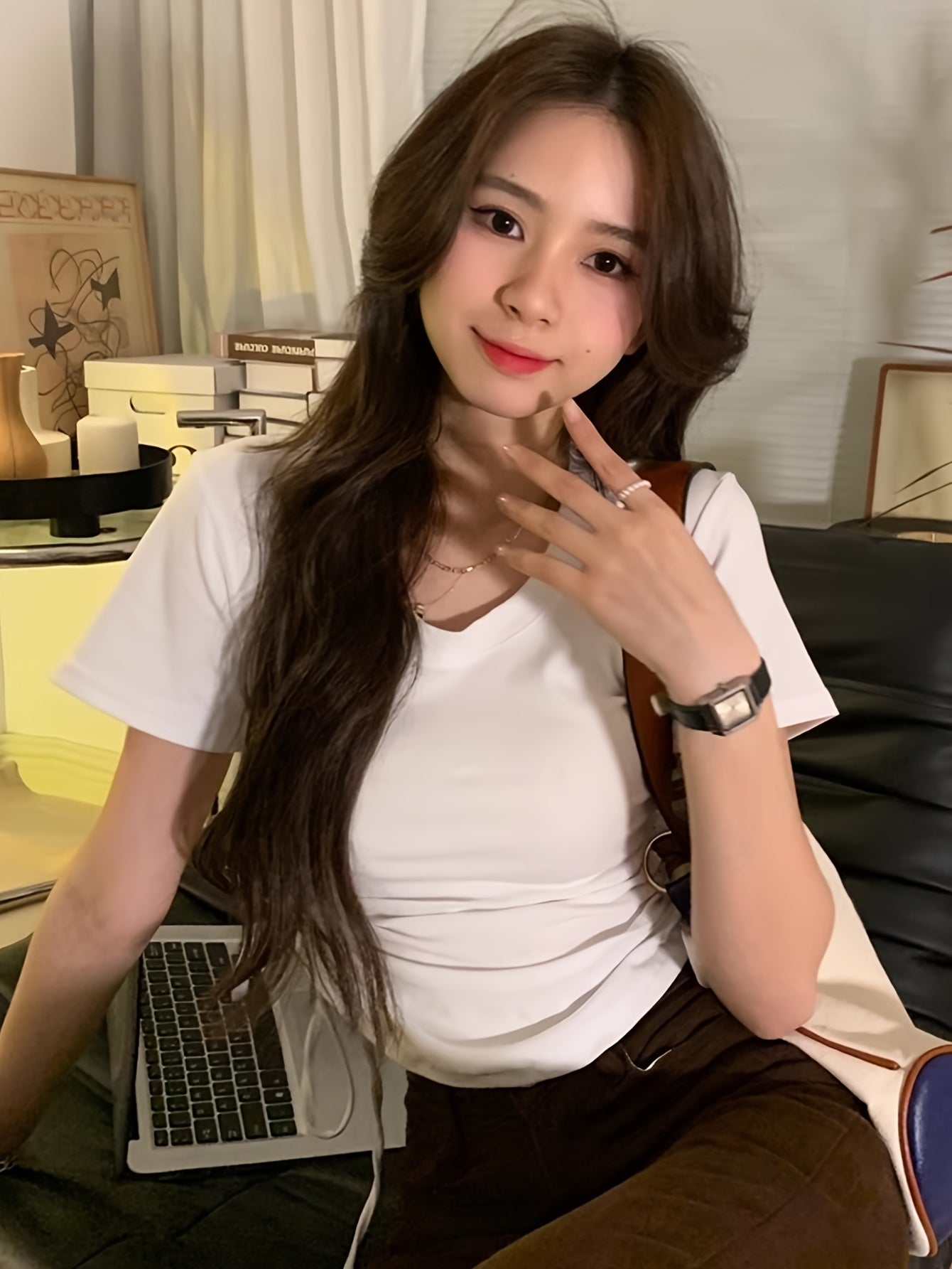 vlovelaw Solid Crew Neck T-shirt, Casual Short Sleeve Drawstring Top For Spring & Summer, Women's Clothing