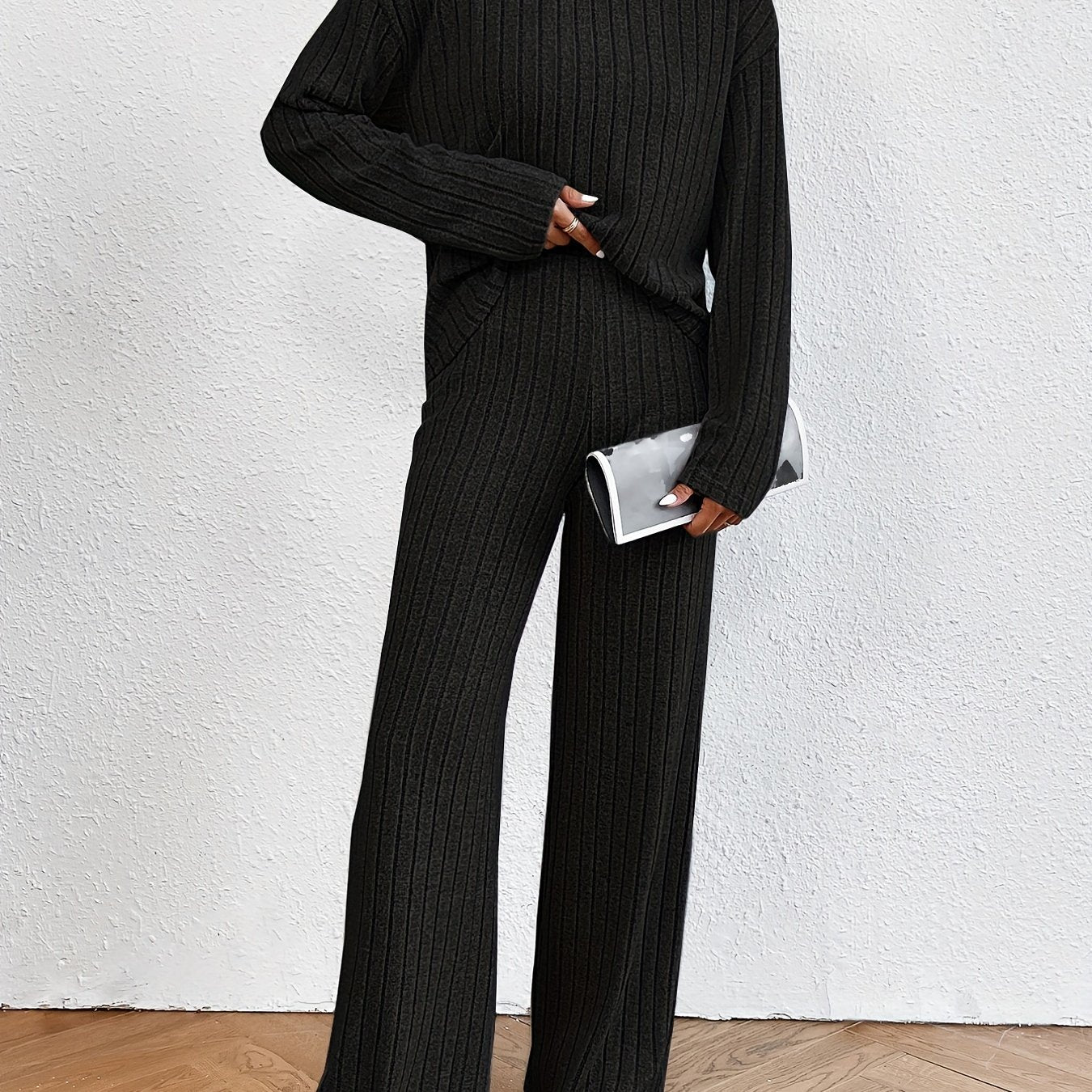 vlovelaw Ribbed Solid Two-piece Set, Turtleneck Long Sleeve Tops & Wide Leg Pants Outfits, Women's Clothing