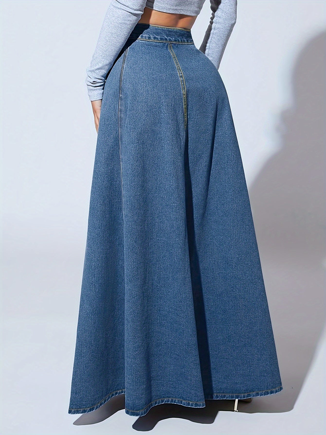 vlovelaw Single-breasted Button Denim Midi Skirt, High Waist A-line Vintage Elegant Denim Skirts, Women's Denim Clothing