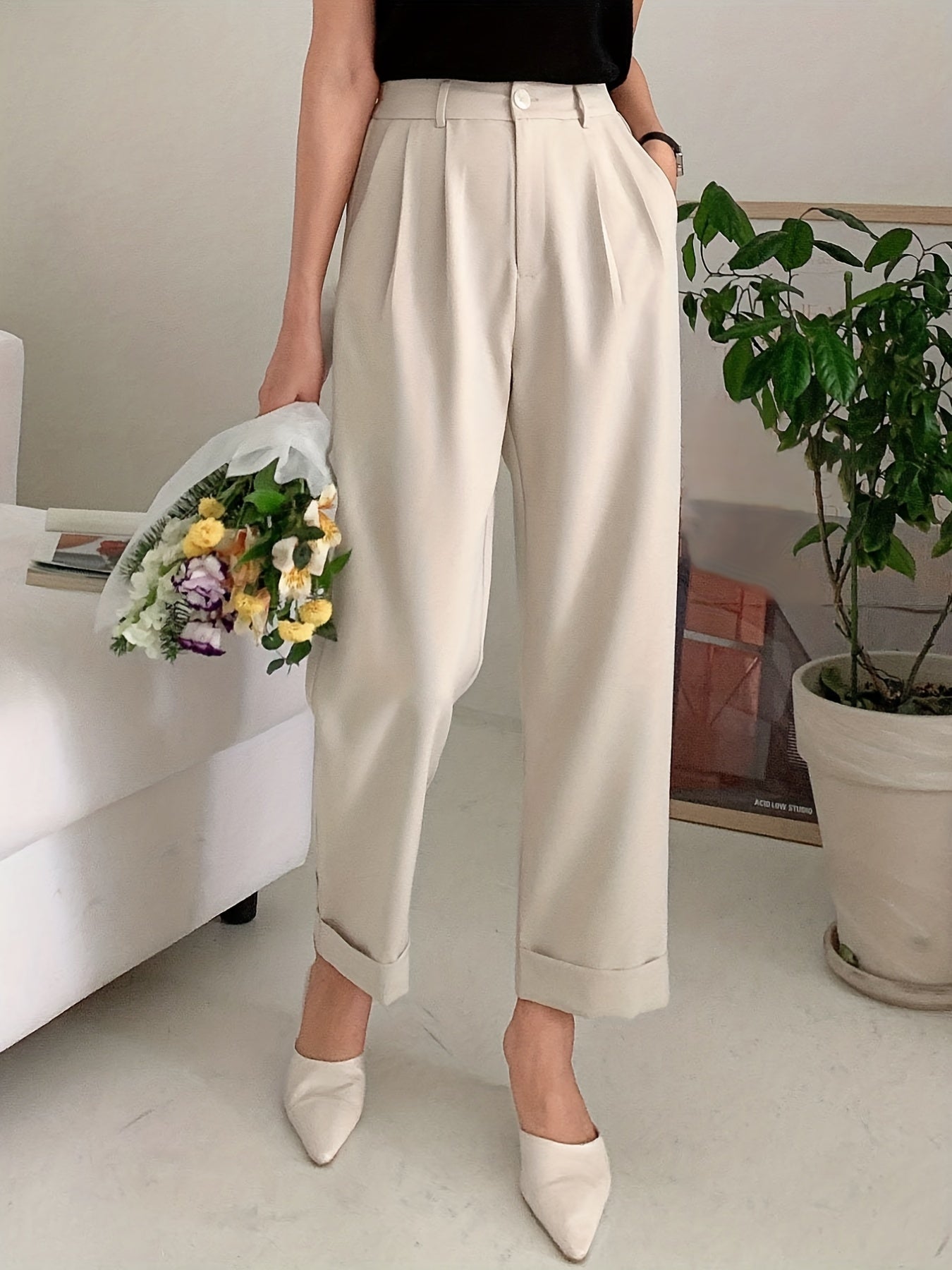 Solid Button Straight Leg Pants, Casual High Waist Draped Pleated Pants, Women's Clothing