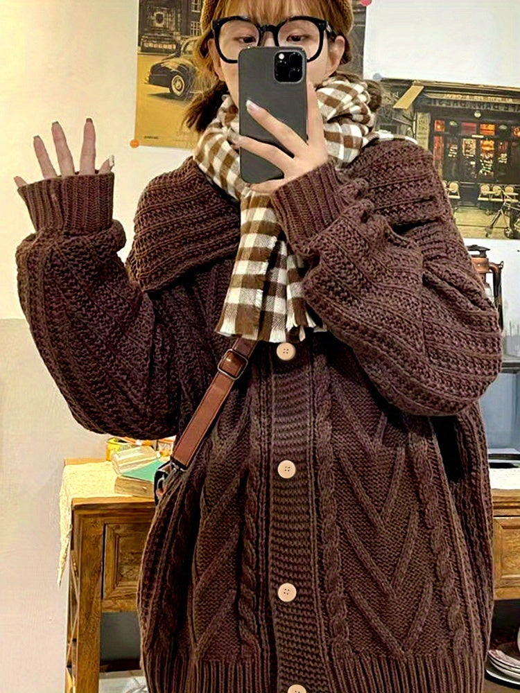 vlovelaw Lapel Neck Drop Shoulder Cardigan, Vintage Long Sleeve Cardigan For Fall & Winter, Women's Clothing