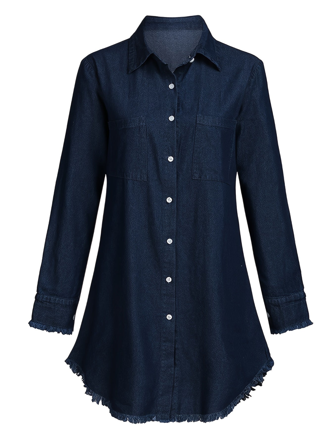 Raw Hem Long Sleeves Denim Shirt, Single-Breasted Button Patched Pockets Lapel Denim Shirt, Women's Denim Clothing