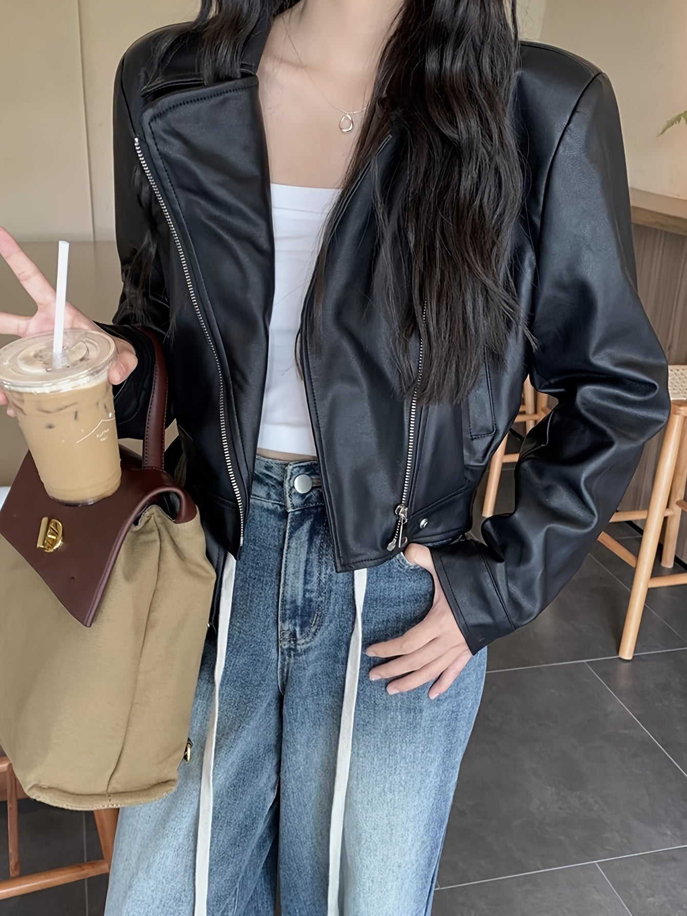 Faux Leather Zip-up Jacket, Casual Long Sleeve Crop Biker Jacket For Fall & Winter, Women's Clothing